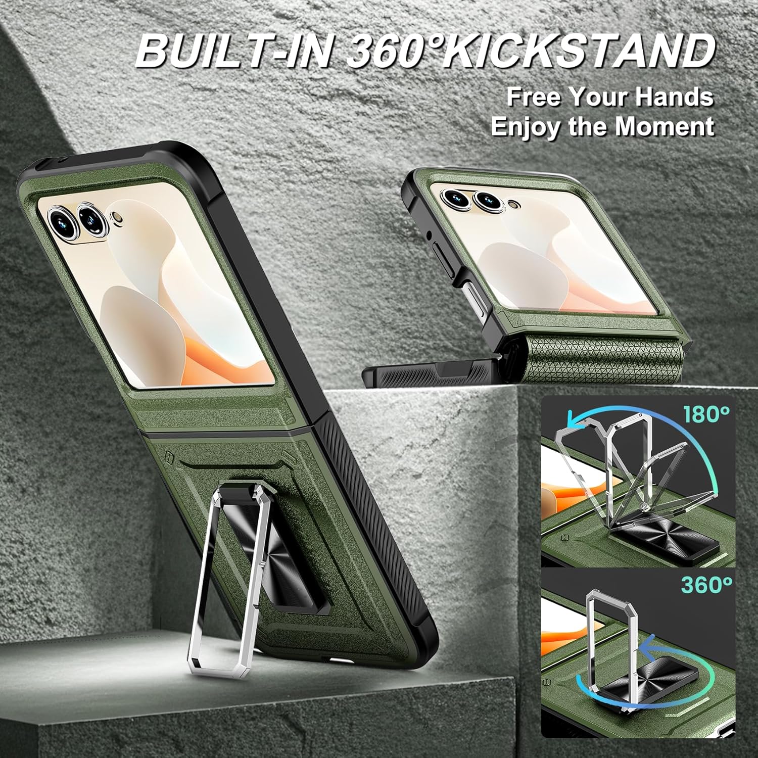 for Motorola Razr 2024/2025 Case [Not fit Ultra or Plus], with Hinge Protection & Built-in Screen Protector,360°Kickstand Full-Body Rugged Shockproof Protective Cover for Moto Razr 2024 - Green