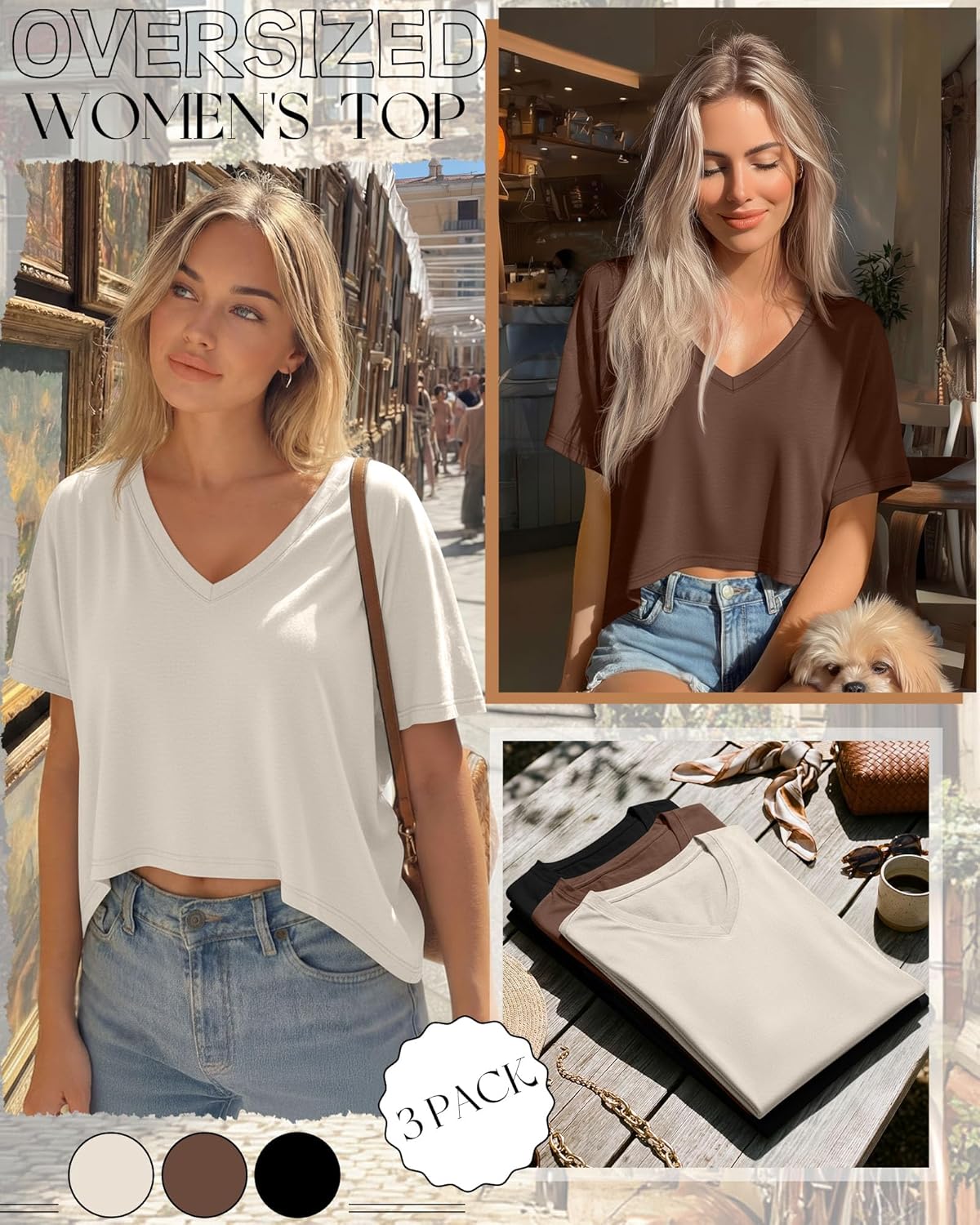 Huukeay 3 Pack Oversized T Shirts for Women Short Sleeve Crop Tops V Neck Irregular Hem Baggy Cropped Tees - Image 6