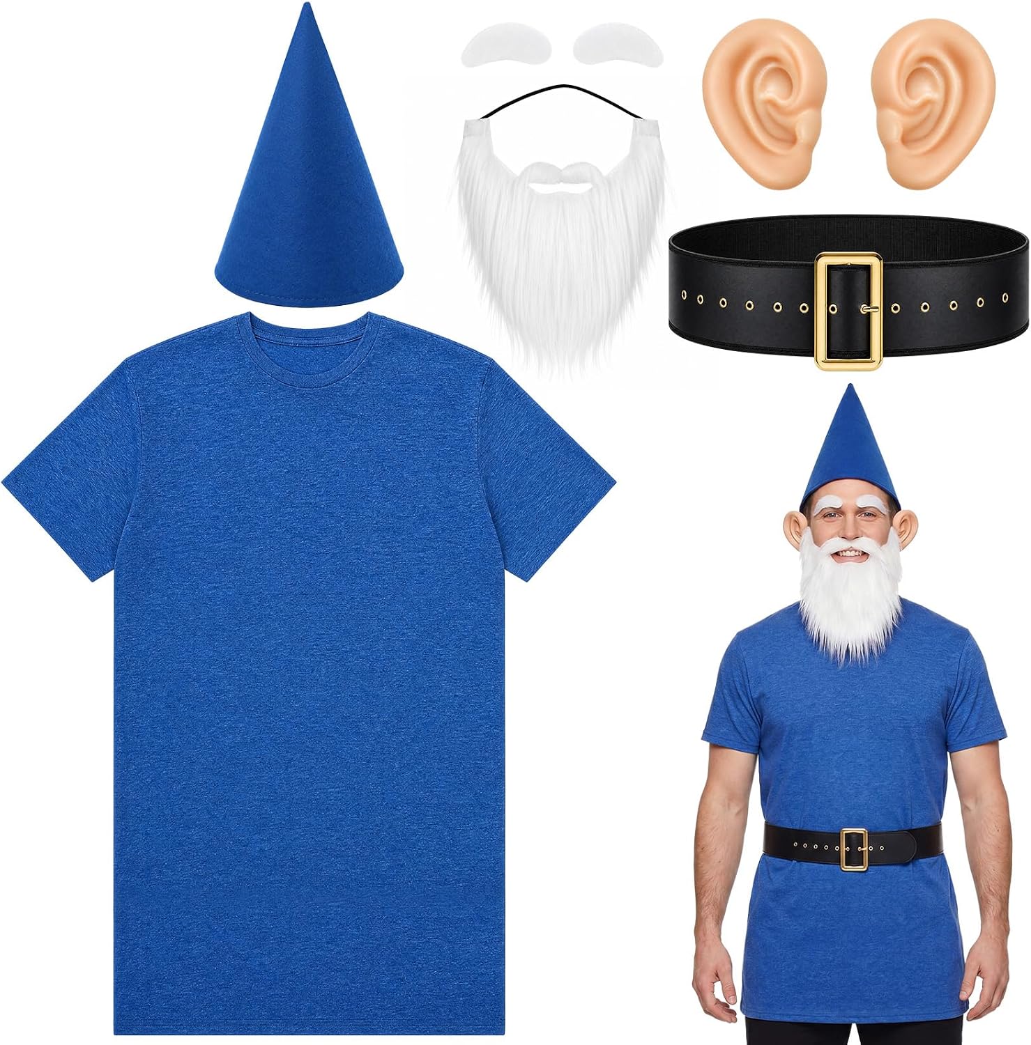 Mepase 6 Pcs Halloween Dwarf Costumes Set Felt Cone Hats Gnome Shirt Belt Fake Beard Ears for Adult Cosplay Fairy Crayon