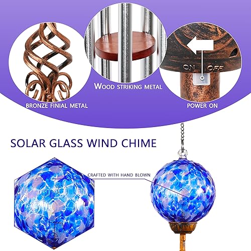 Miniatura 2 de Campanillas de viento, iluminación LED solar para jardín, vidrio azul oscuro y metal, decoración de césped y patio con acabado de metal de bronce, 5