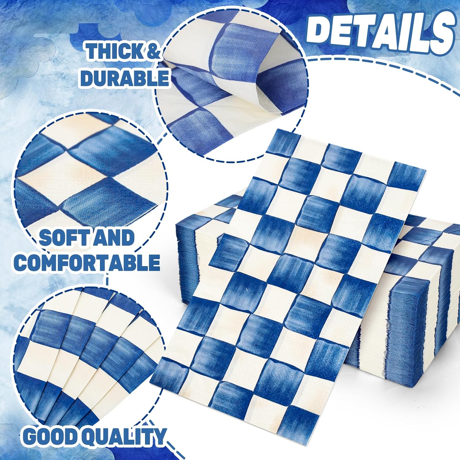 JarThenaAMCS 100Pcs Blue White Plaid Guest Napkins Royal Blue Checkered Disposable Napkins Watercolor Gingham Dinner Paper Hand Towels for Picnic Bathroom Birthday Holiday Party Supplies Table Decor