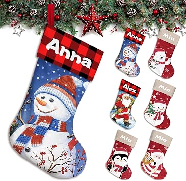 Personalized Custom Christmas Stockings 4 Pack Red Christmas Stockings with Lovely Snowman Santa Claus Pattern Xmas Stockings for Family Kids Large Xmas Decoration for Home Holiday