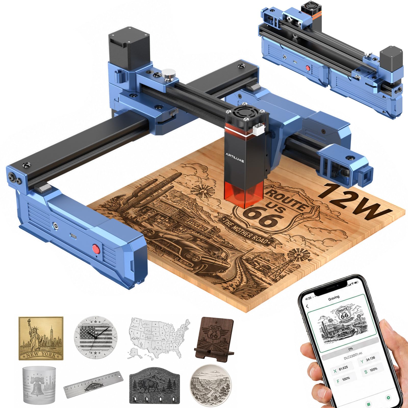 Artilume T1 Laser Engraver Machine,Laser Cutter for Wood and Acrylic (BLUE-12W)