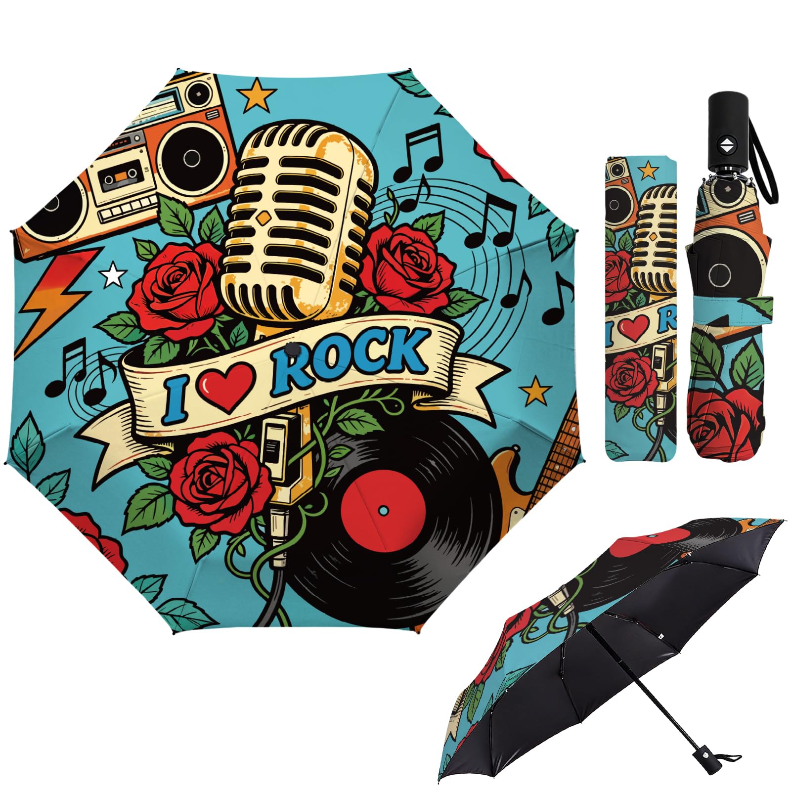 MayjoyDIY Retro Rock Micrófono Automático Plegable Paraguas 107cm Rock A prueba de viento Viaje Paraguas Rojo Rosa Compactos Paraguas Automáticos Apertura Cierre para Lluvia y Sol Protección
