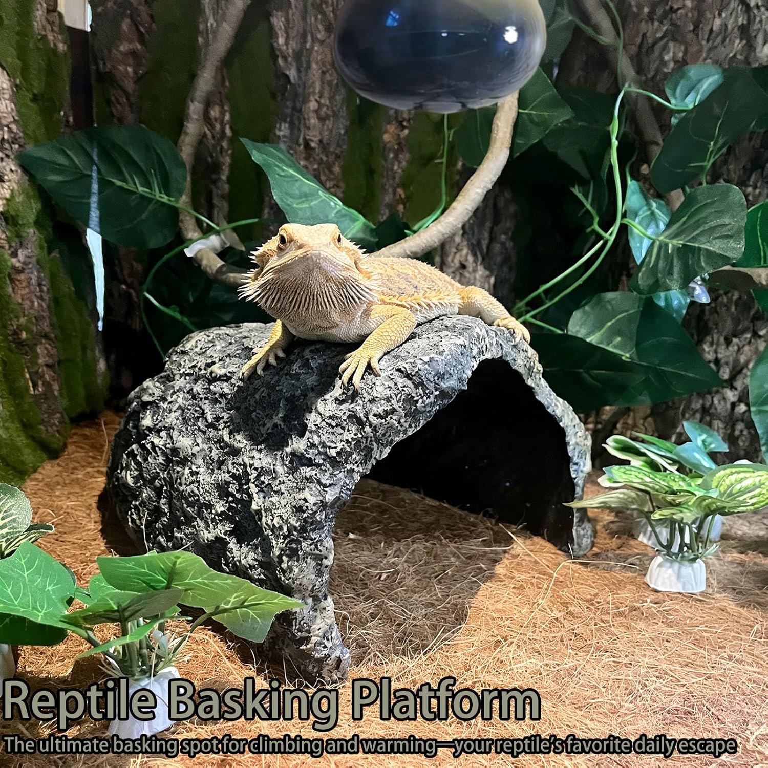 Tfwadmx Extra Large Reptile Hideout,Tortoise Hide Cave Shelter,Reptile Basking Platform with Vines Plants Leaves,Bearded Dragons Hiding Rock Terrarium Habitat Decor for Lizards,Snakes,Geckos,Turtles