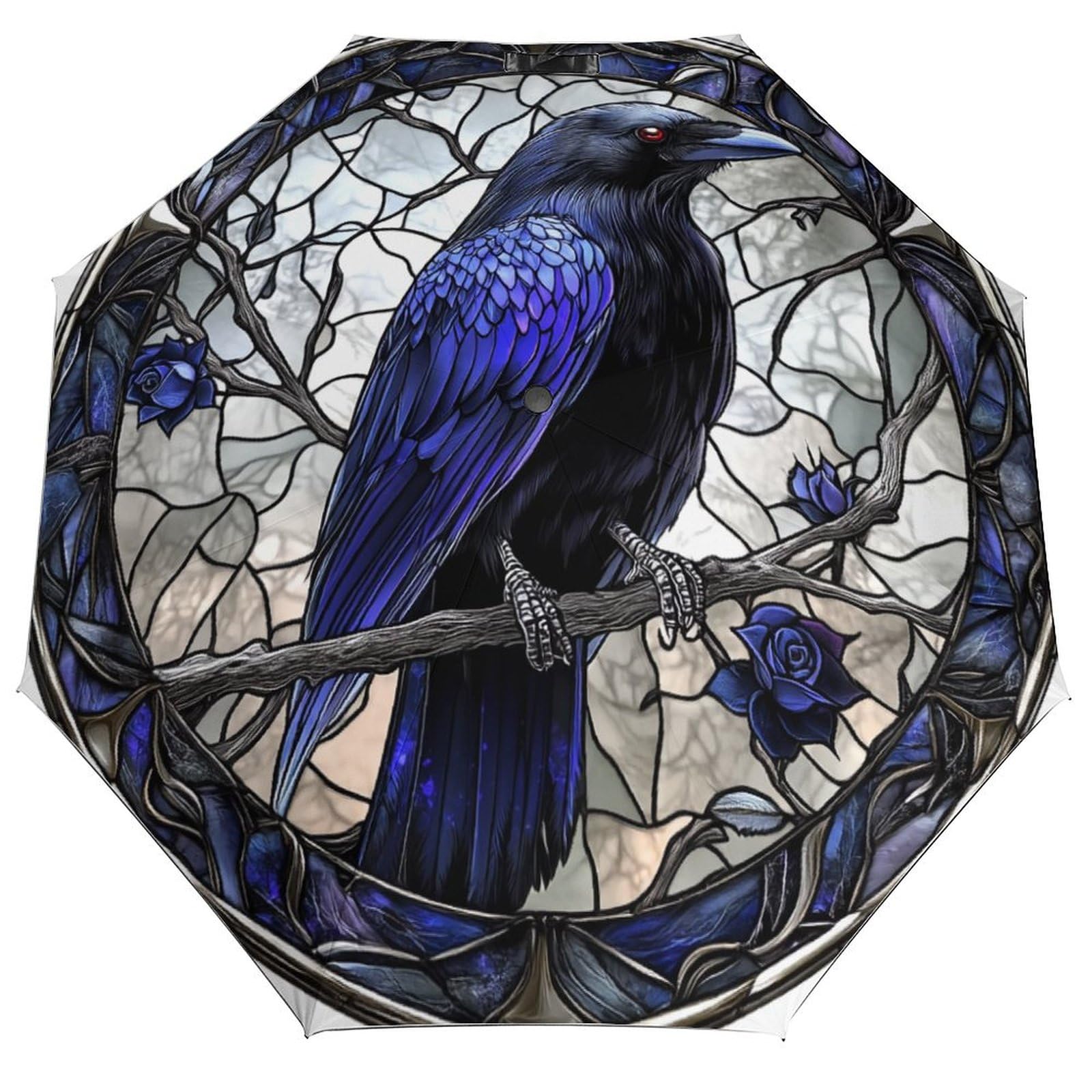 Jubonexis Stained Glass Dark Blue Raven Gothic Folding Umbrella 3 Folds Auto Windproof Travel Umbrellas Strong Lightweight Umbrellas for Outdoor Sun & Rain