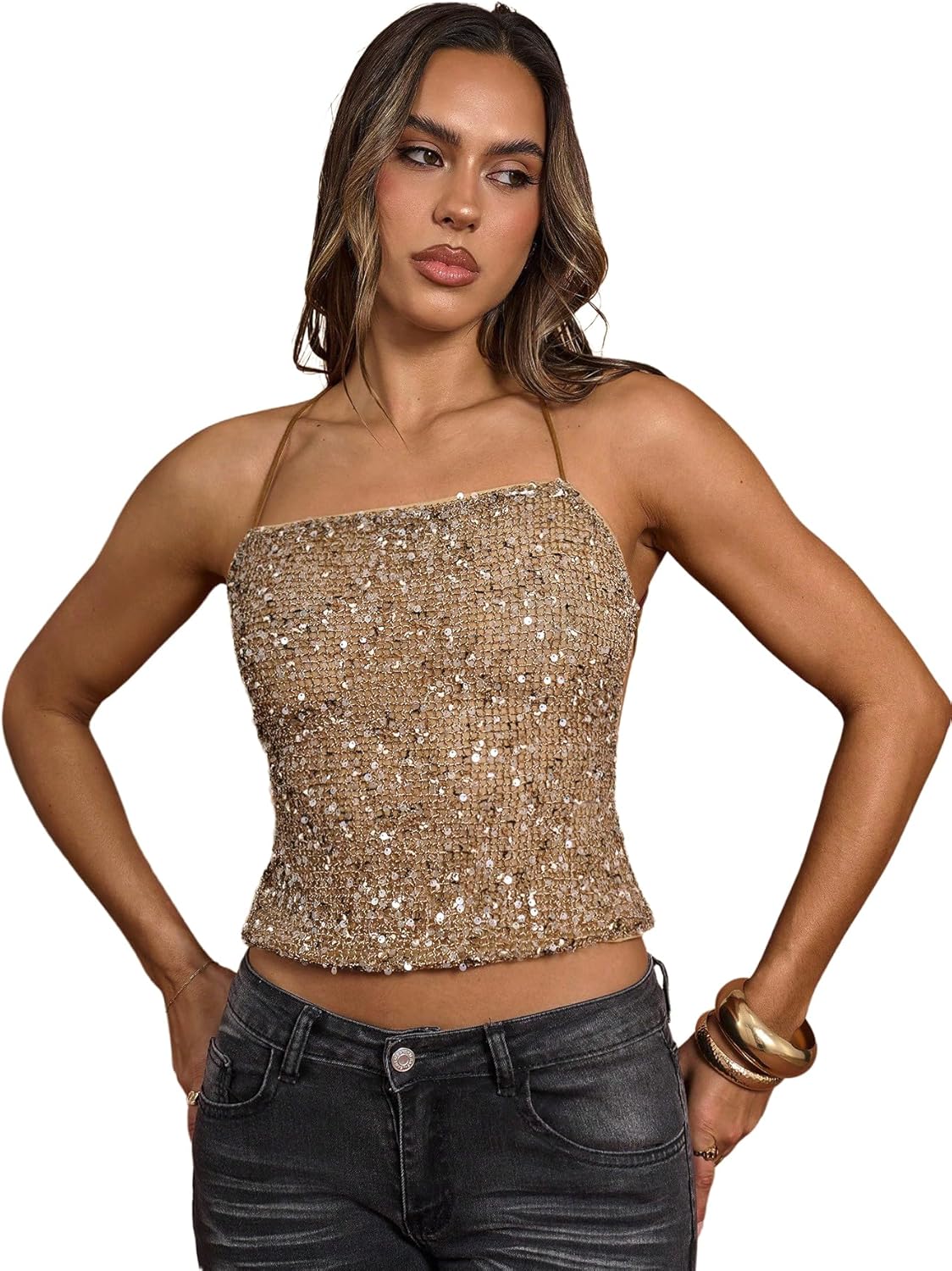SweatyRocks Women's Sexy Halter Sequin Backless Tops Spaghetti Strap Sparkle Camisole Going Out Tops Clubwear