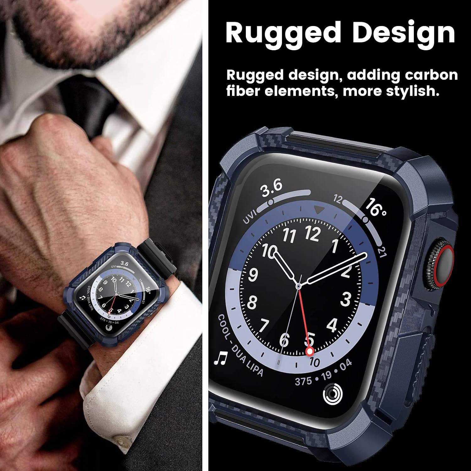 2 Pack Goton Rugged Case Compatible with Apple Watch Screen Protector Case 44 mm, Military All Around Protective Tempered Glass Bumper Cover for iWatch SE Series 6/5/4 Accessories 44mm Black+Blue