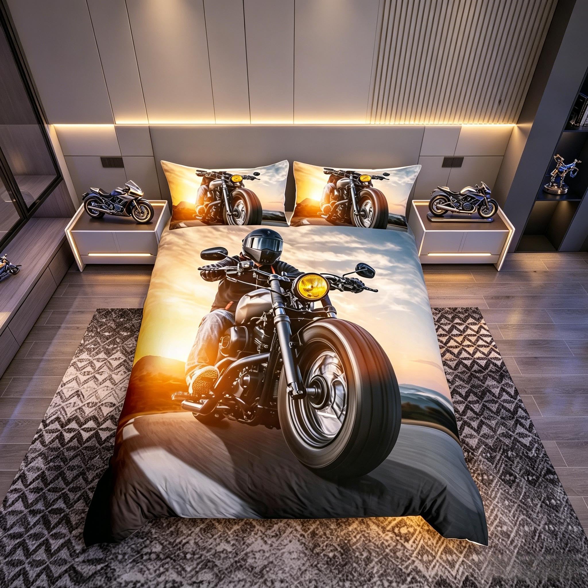 Motorcycle Pattern Bedding Set Men Motorcycle Rider Print Comforter Cover for Kids Adult Boys Cool Motorbike Duvet Cover Sunset Scenery Room Decor 2Pcs With 1 Pillow Case Junior/Cot Bed Size