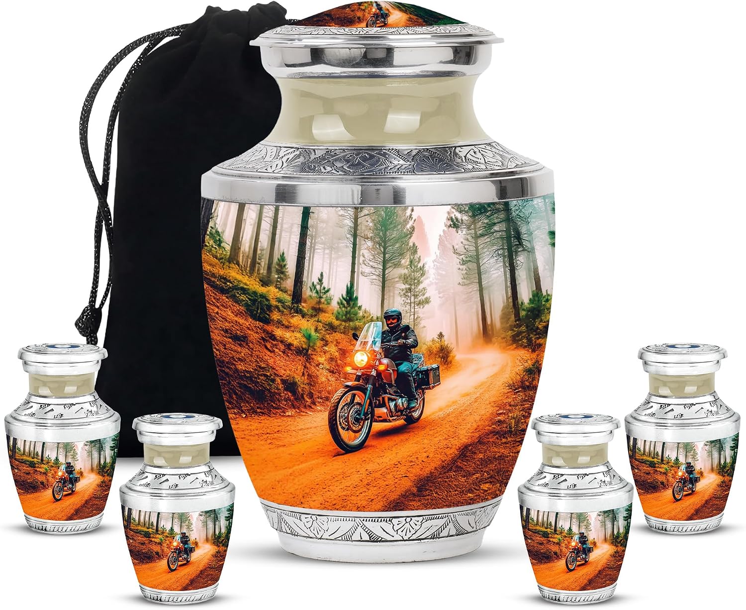 Motorcycle Urns for Adult Ashes for Men Cremation - Large White Burial Urn for Adult Male - Memorial Keepsake Urn for Ashes for Women Funeral (1 Large, 4 Keepsake)