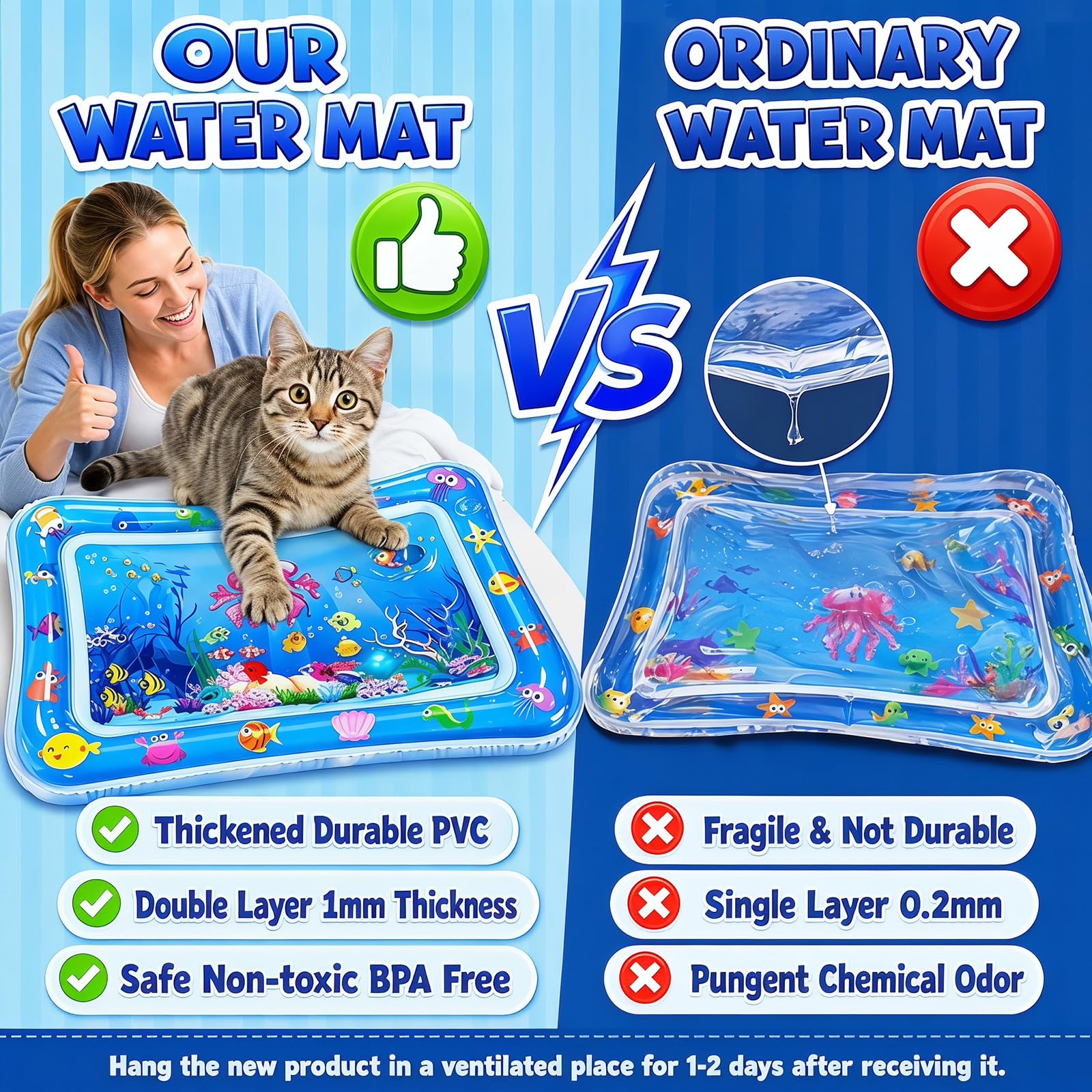 Wassermatte Katze, Wasserspielmatte Katze Hund, Verdickte PVC Katzen Kühlmatte mit Fischen & LED-Licht, Interaktives Katzenspielzeug Selbstbeschäftigung für Langeweile 60x40CM
