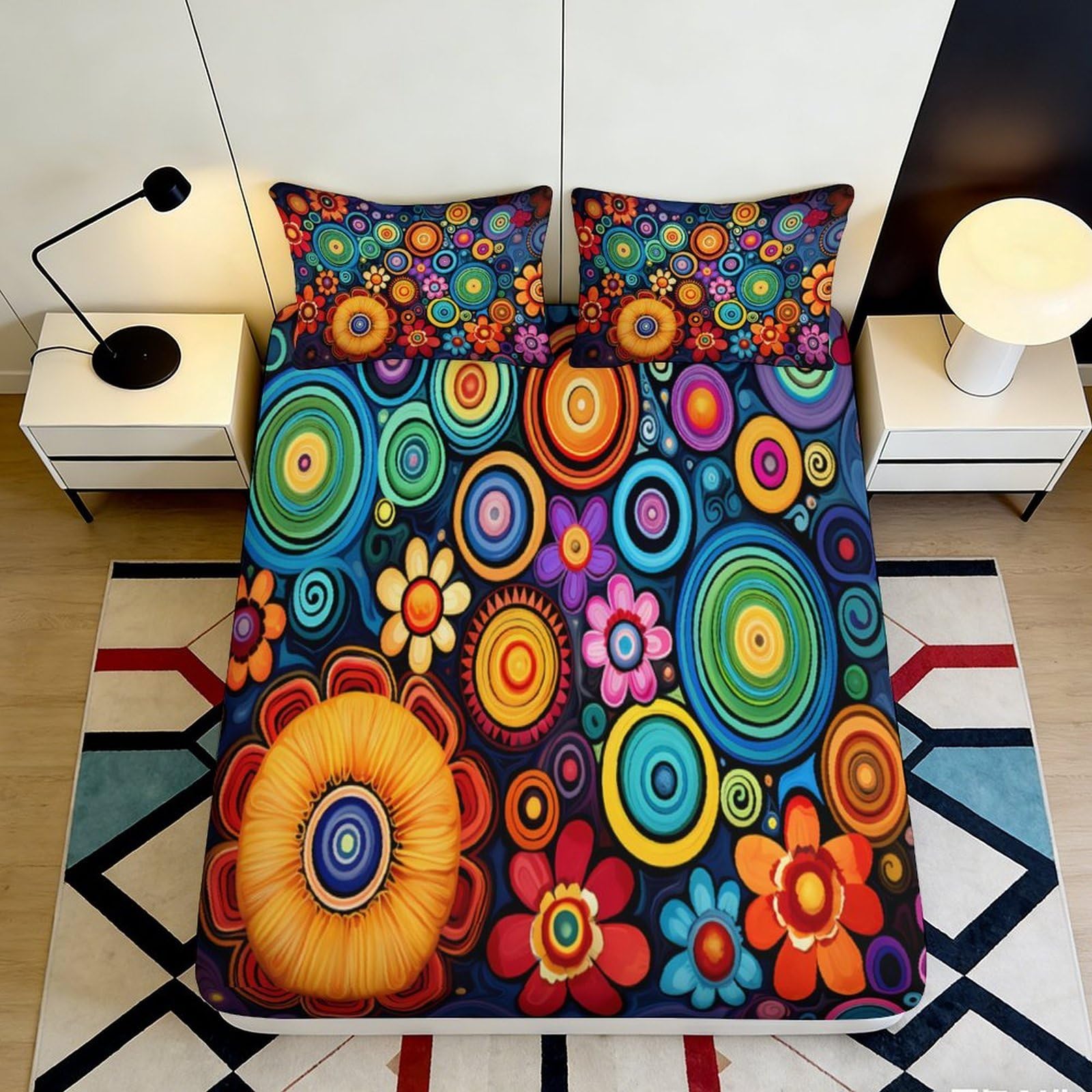 Dhbaneiok Style-4 3D Printed Vibrant Retro Floral Fitted Sheet Microfiber Soft Colorful Abstract Flowers Mattress Cover For Bedroom Guest Room Decor 90X200x25cm