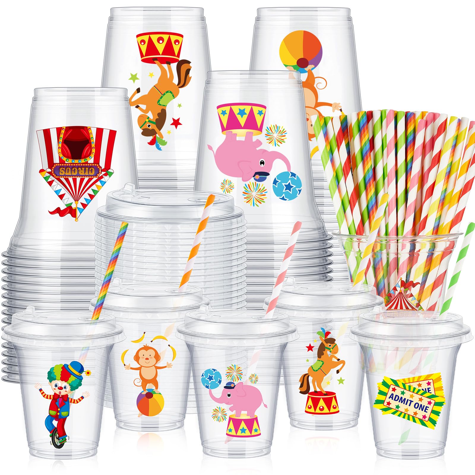 60 Set Circus Carnival Party Plastic Cups Bulk 14 oz Disposable Clear Cups with Lids and Paper Straws for Circus Carnival Theme Party Birthday Supplies Favor Decorations