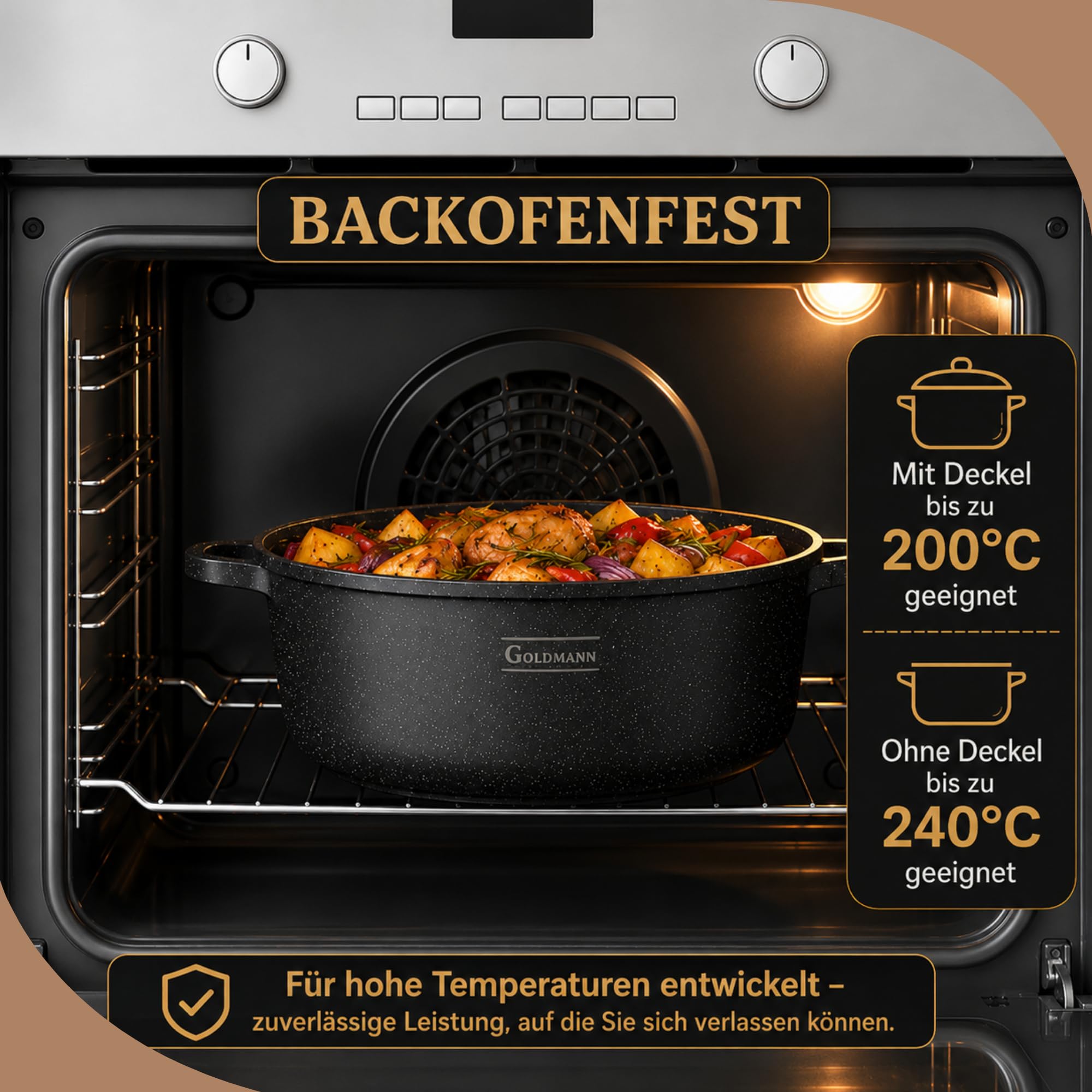 GOLDMANN Kochtopf aus Aluminiumguss, 24 cm - 4.5 L, antihaftbeschichtete Keramik-Marmor-Optik, Glasdeckel, induktions- und für alle Herdarten geeignet, ofenfest und PFOA-frei