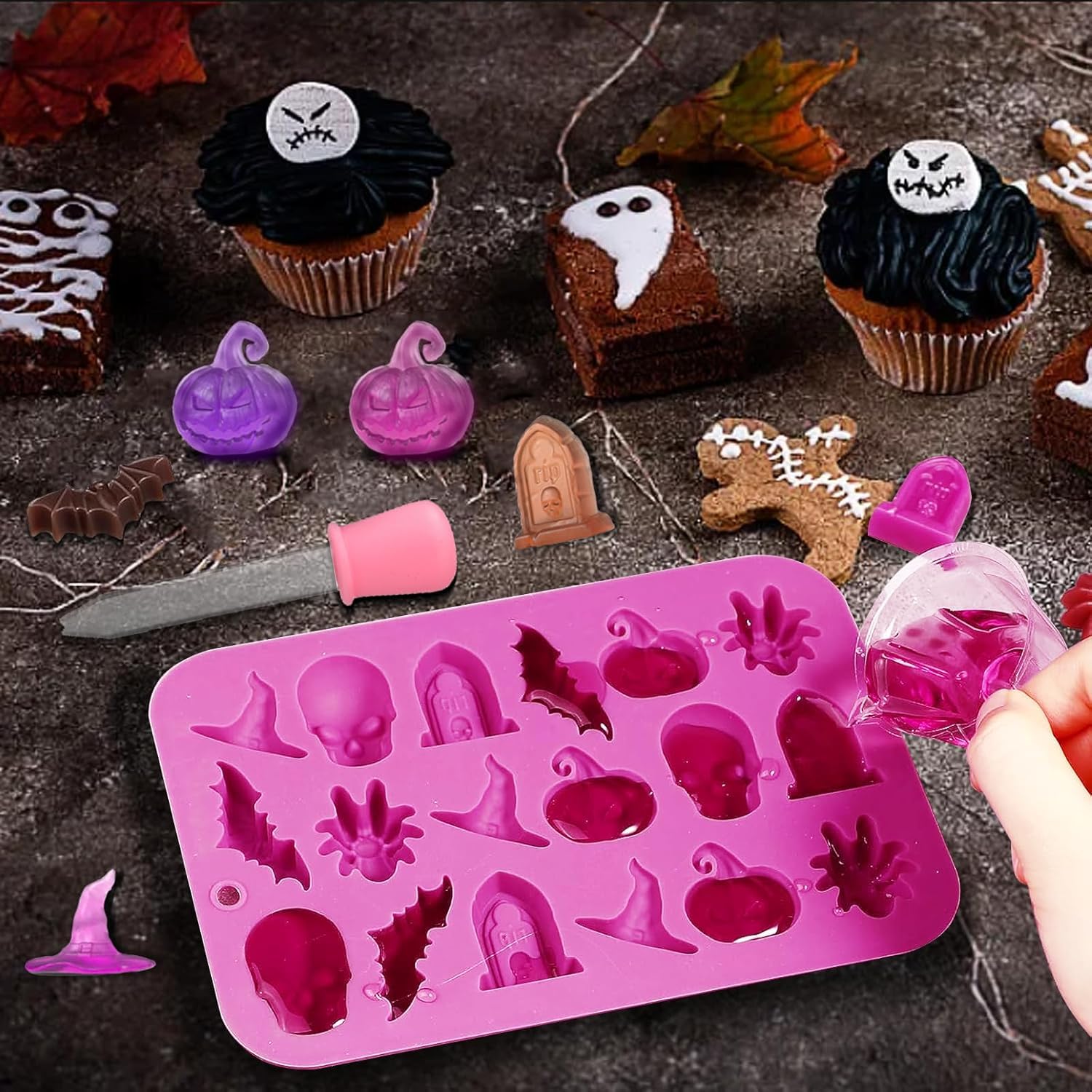 Molde de silicona para Halloween, paquete de 2 moldes de chocolates 3D para Halloween, chocolate, caramelos, calavera, calabaza, murciélago, fantasma, bruja, sombrero, araña, lápida, formas