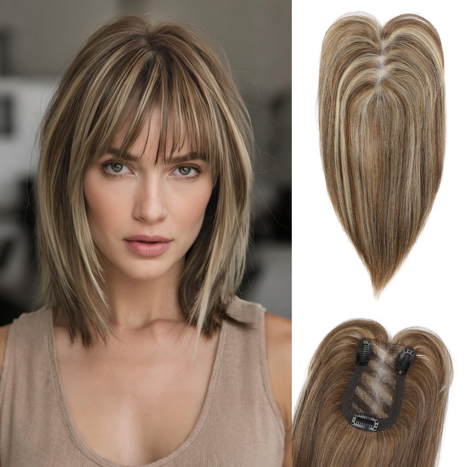 Photo 1 of HOOJIH Hair Topper for Women with Thinning Hair 4x2.5inch Base Real Human Hair Topper with Bangs Handmade Invisiable Lace Front Topper - Medium Brown with Blonde Highlights
