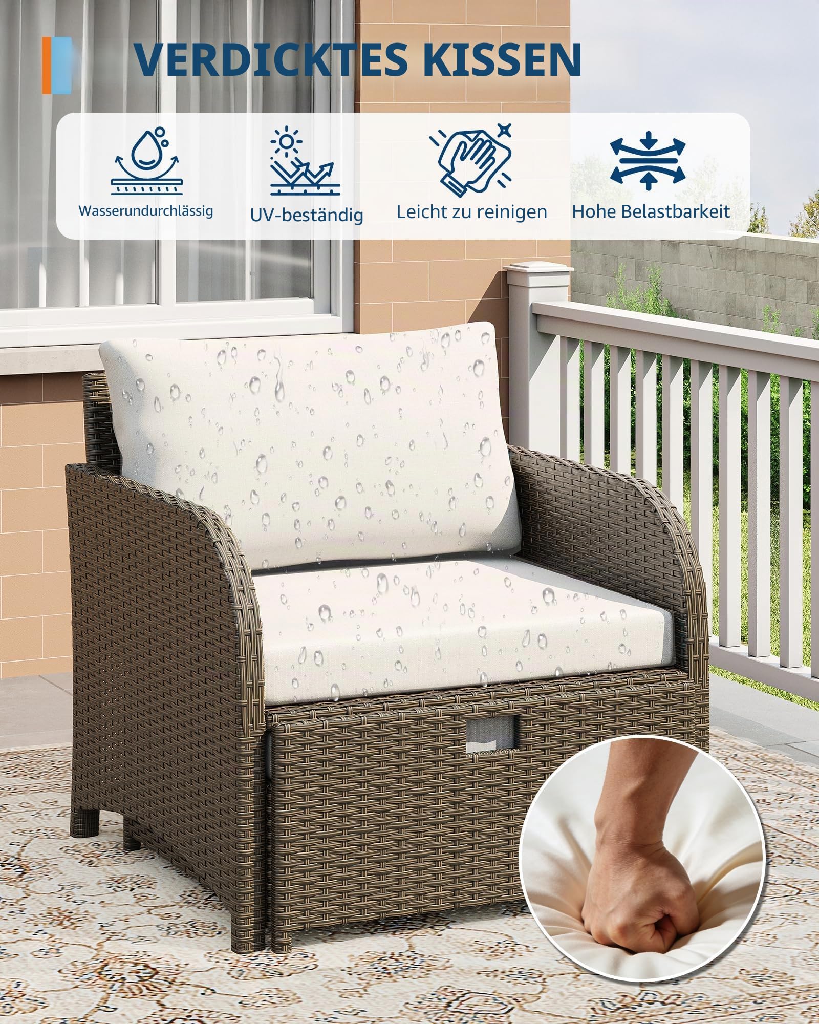 Rattan Gartenmöbel Set 5 Teilig, Lounge Möbel Outdoor Balkon | Bequemen Polstern, Ottomans,Gehärtetem Glas Couchtisch, Garten,Veranda,Terrasse,Wetterfestes ,Terrassenmöbel