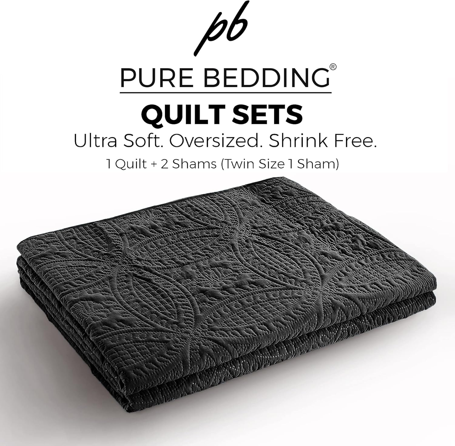 Pure Bedding Quilt Set King/Cal King/California King Size Black - Oversized Bedspread - Soft Microfiber Lightweight Coverlet for All Season - 3 Piece Includes 1 Quilt and 2 Shams, Geometric Pattern - Image 5