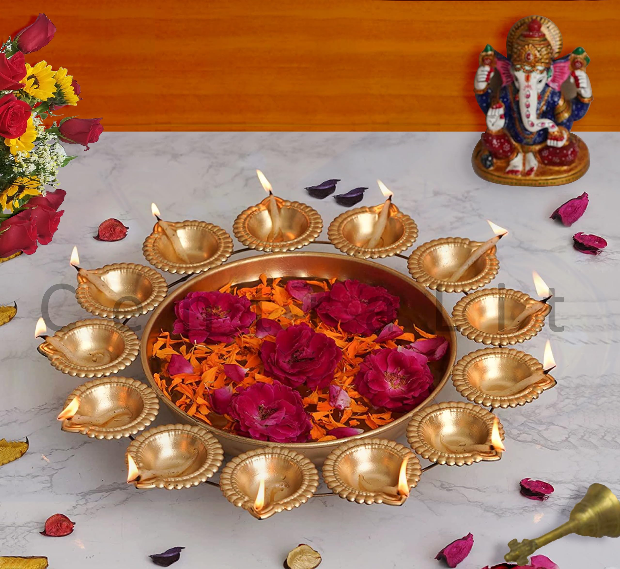 CentraLit Decorative Diya Shape Urli Bowl for Home Decor with 13 attached Oil Diyas for Tea Light Candle and Floating Flower Decoration - Gold Polished Urli Bowl for Diwali Gifts, Table Decor