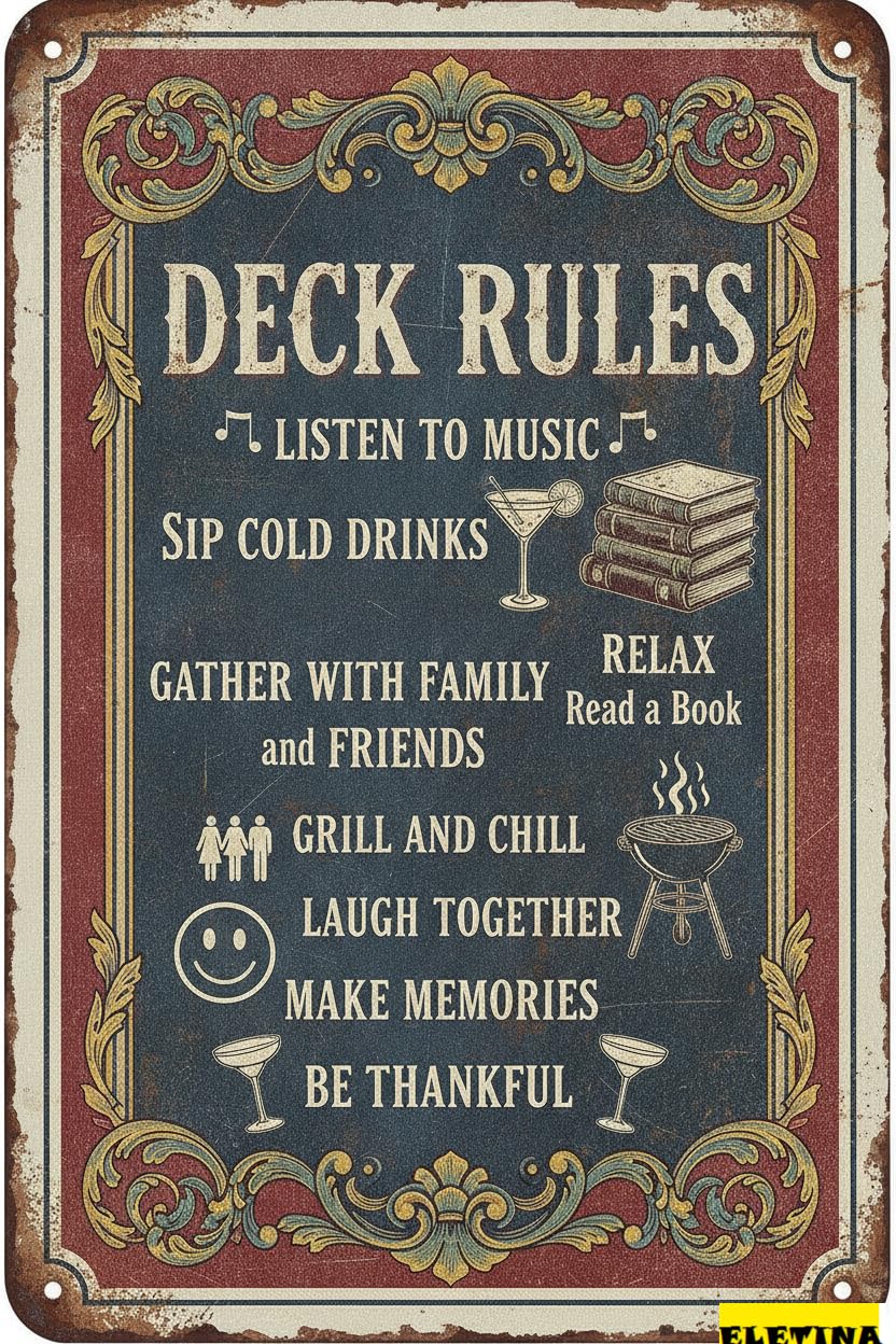 Tin Sign for Man Cave Deck Rules Metal Tin 8x12 Inch Pool Bar Terrace House Wall Decor Backyard Decor Rustic Farmhouse Wall Decor Private Property Decorative