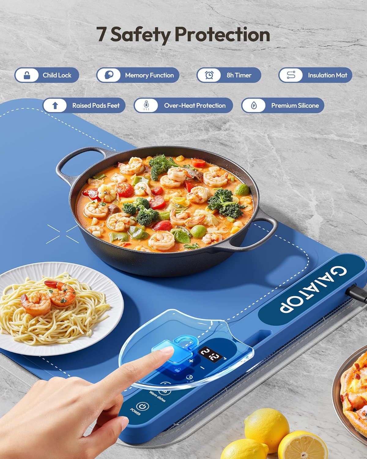 Gaiatop Food Warming Mat control panel showing child lock feature