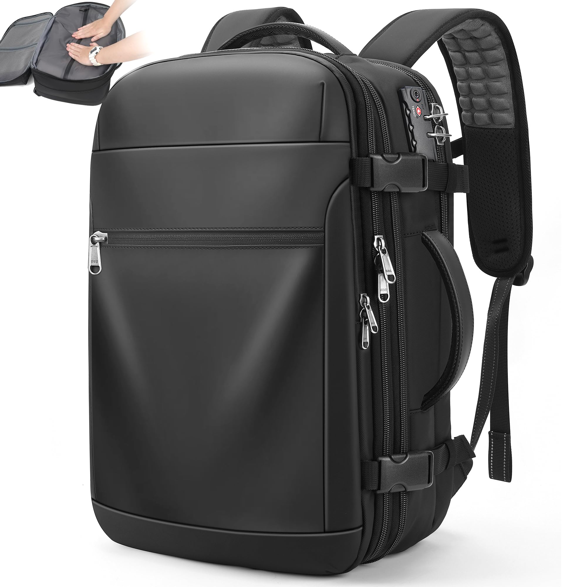 P POSO Vacuum Backpack Travel – Expandable Compression Carry On Backpack with Vacuum Pump, Water-Resistant TSA Lock Travel Bag, 17" Laptop Backpack