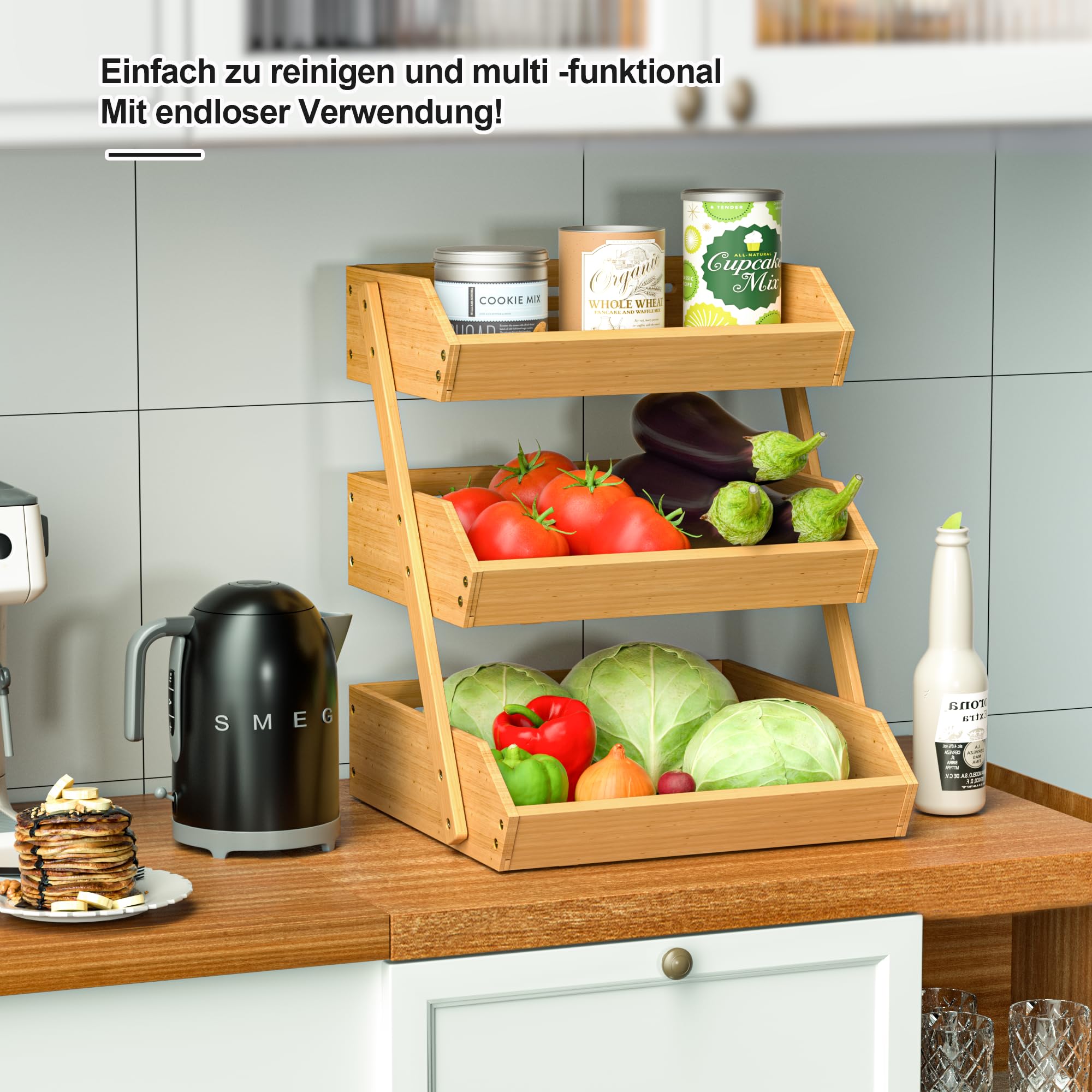 ADEL DREAM Bambus-Obstkorb 3-stöckiger Servierkorb Obstschale und Natürliches Aufbewahrungskorb-Regal Snack-Ausstellungsständer perfekt für Obst Gemüse Snacks Haushaltswaren und mehr Bambus