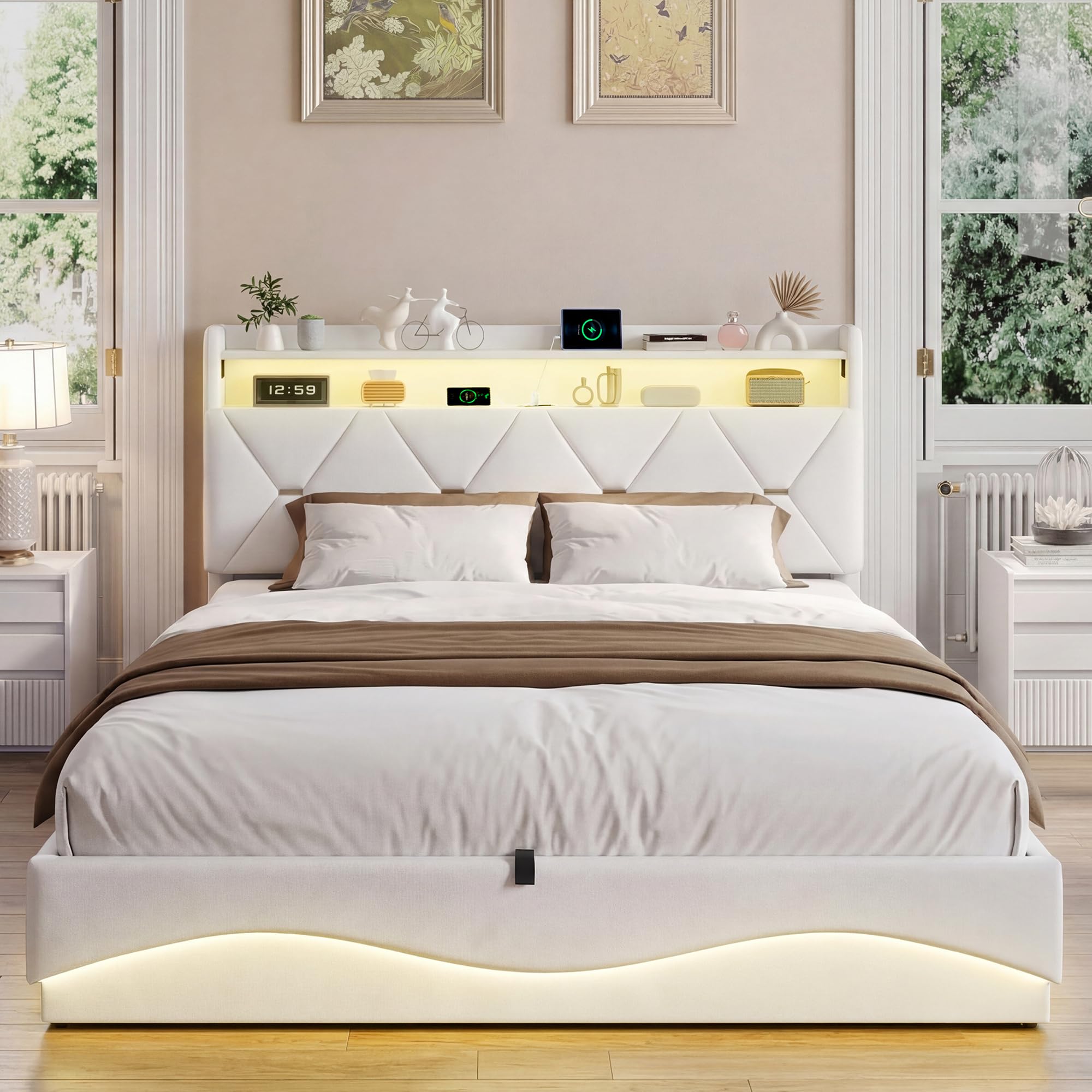 Cama con Caja Fuerte 160 x 200 cm con LED y puertos USB, camas dobles tapizadas con almacenamiento hidráulico, cabecero con estantes abiertos, camas para adultos y jóvenes, sin colchón (beige
