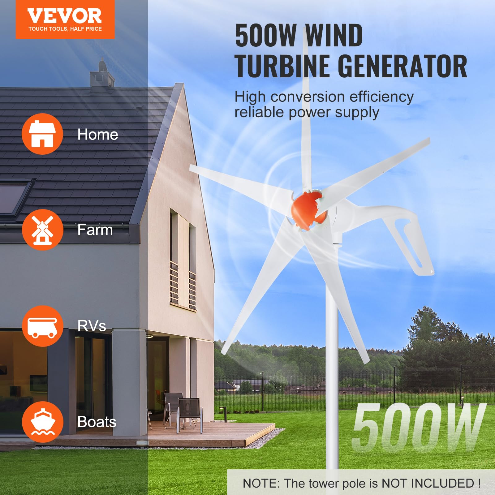 VEVOR Kit de Generador de Turbina Eólica 500 W 12 V 5 Palas Controlador MPPT Dirección del Viento Ajustable Velocidad de Arranque del Viento 2,5 m/s para Hogar, Granja, Vehículos Recreativos, Barcos