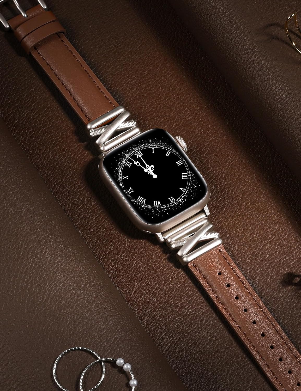 Minyee Leather Band Compatible with Apple Watch 42/41/40/38/44/45/46/49mm Women,Dressy Slim Premium Leather Strap with Designer X-Shape Metal Buckle for iWatch Series 11 10 9 8 7 6 5 4 SE/Ultra 3 2 1 image 3