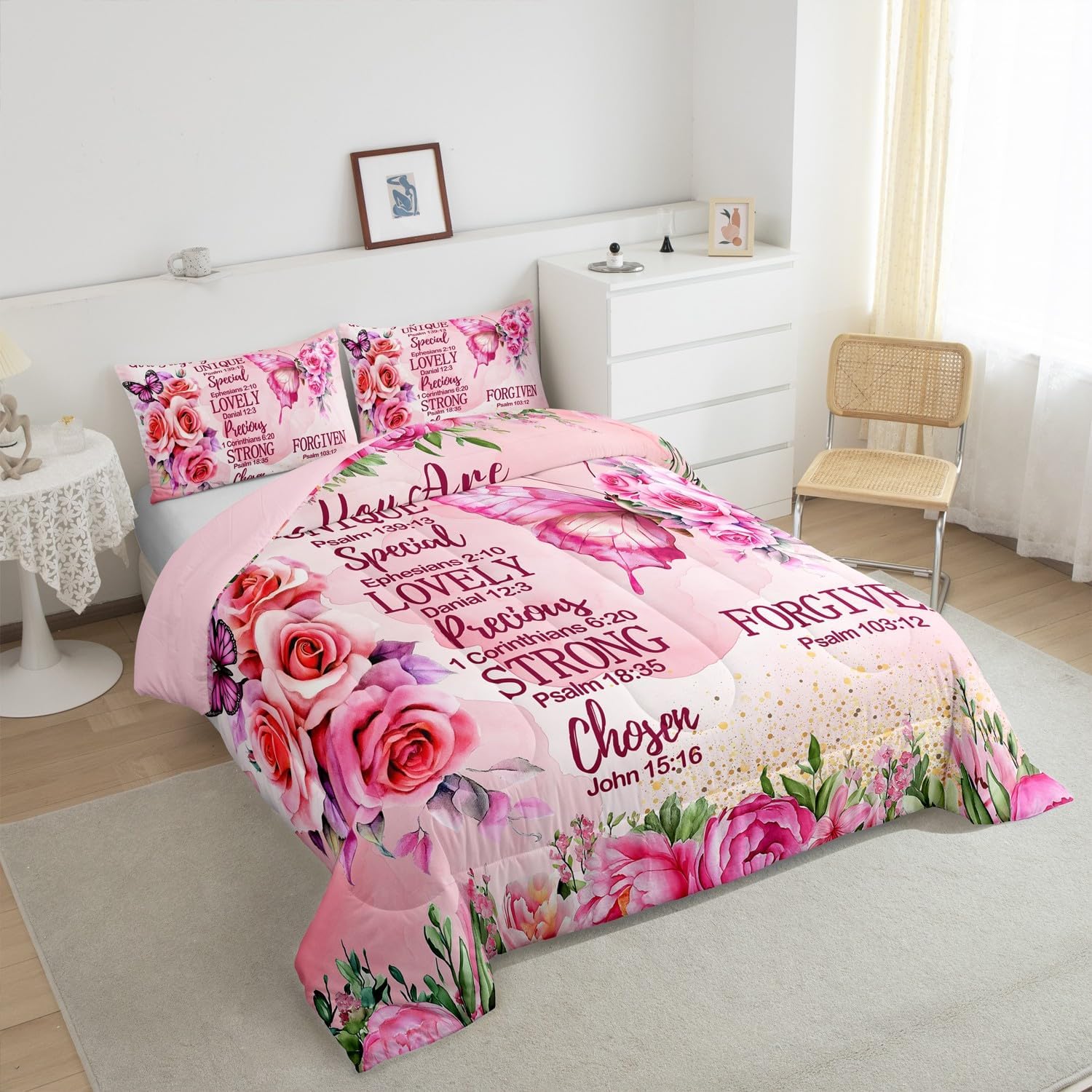 Erosebridal Pink Butterfly Bedding Set Twin Boho Girly Pink Floral Comforter for Girls Kids Women Inspirational Quotes Duvet Insert Bible Verse Colorful Bohemian Rose Flower Bed Sets