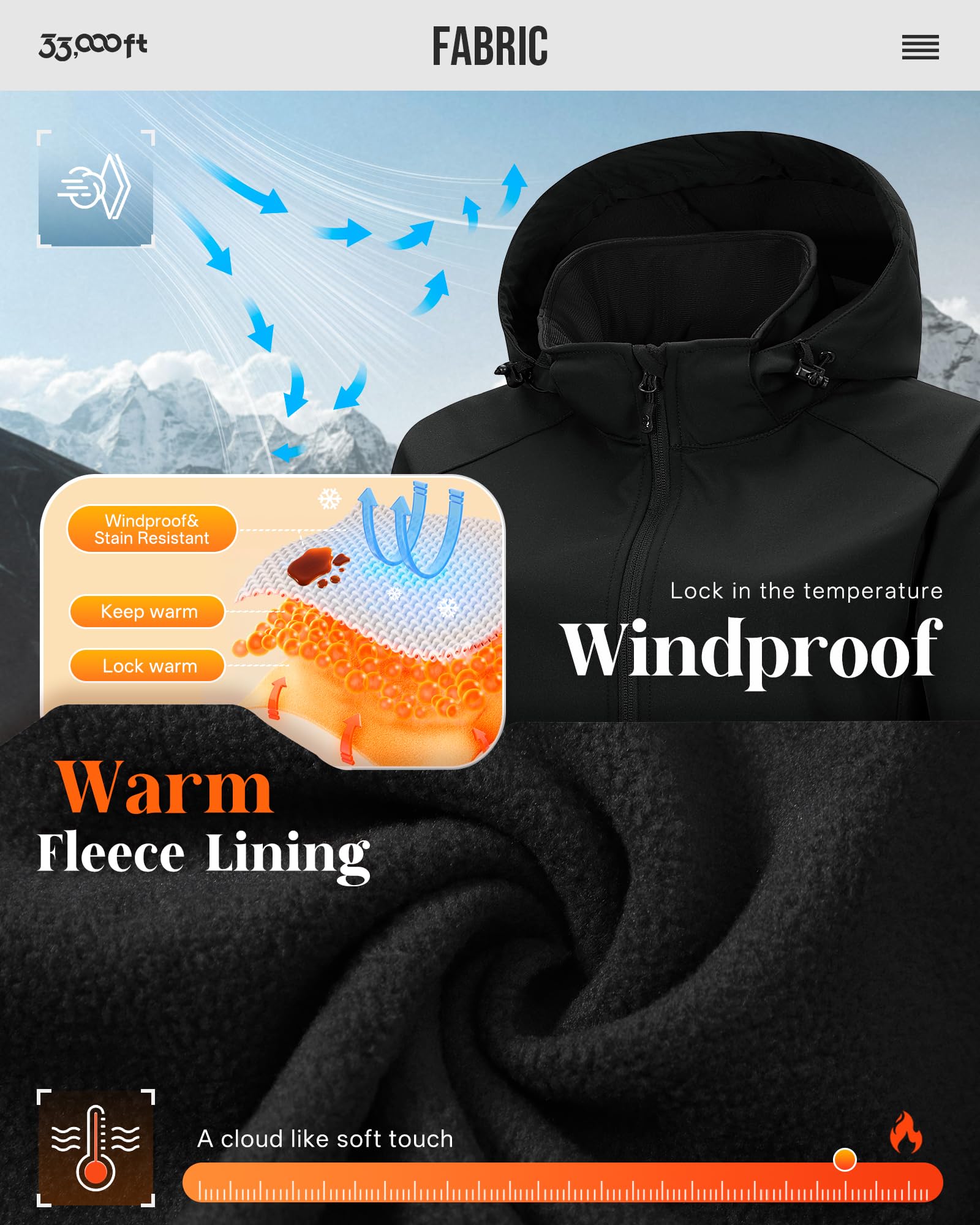 33,000ft Damen Softshelljacke mit Abnehmbarer Kapuze Wasserdichte Atmungsaktiv Fleece Gefütterte Winterjacke Winddichte Übergangsjacke Funktionsjacke zum Radfahren, Wandern