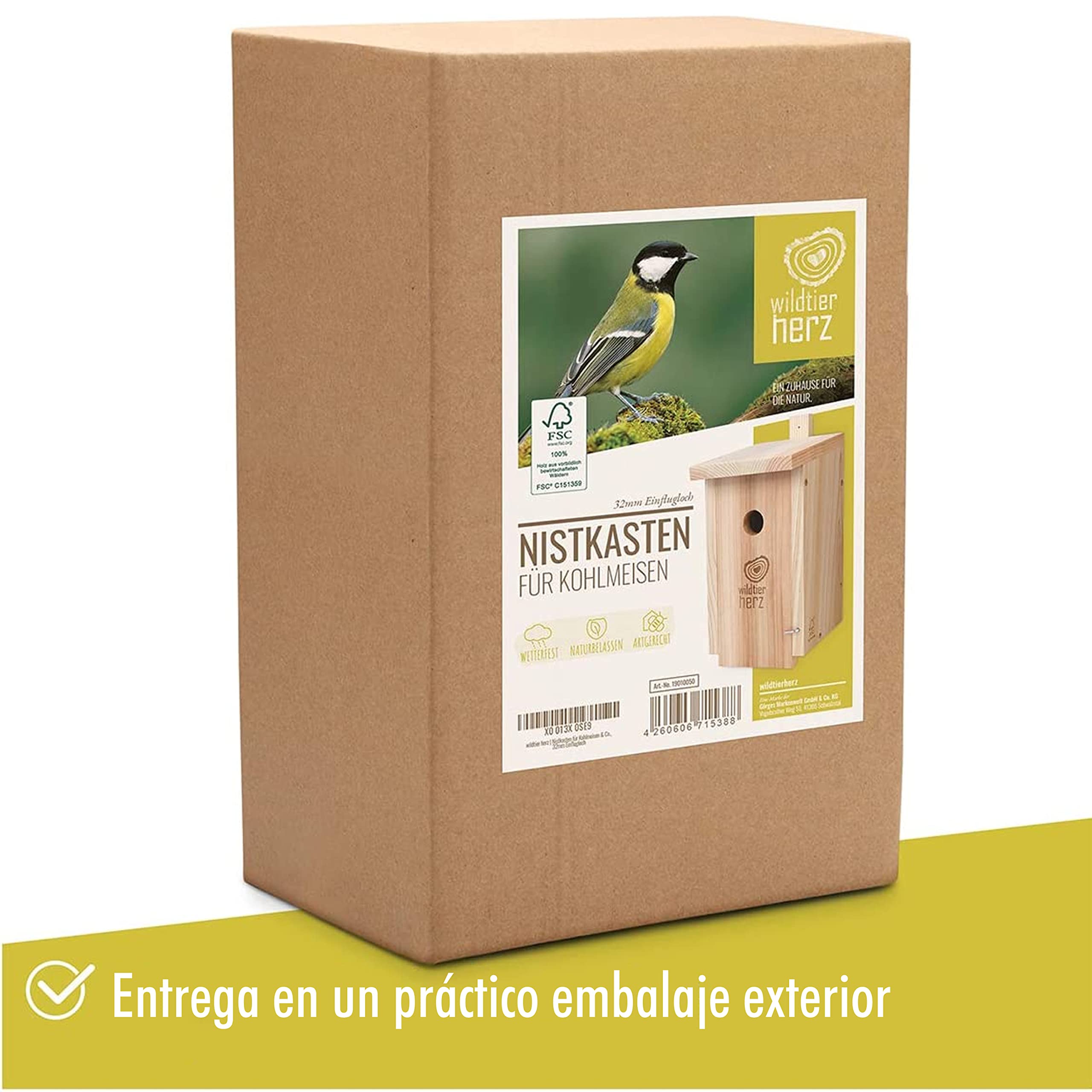 corazón Animal Salvaje | Nido para Carbonero Común - atornillada, sin Tratar, Resistente a la Intemperie, casa para pájaros, Ayuda para nidos con Orificio de Entrada de 32 mm