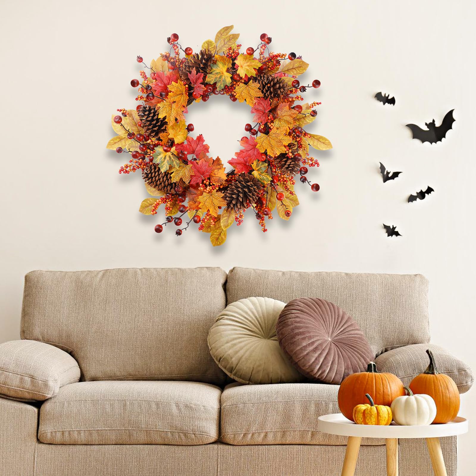 Türkranz Herbst, 61cm COLORSPEC Künstlicher Ahorn Tannenzapfen Türkranz für Halloween Erntedank, Türkranz Herbst Außen für Haustür Wand Fenster Hochzeit Party Dekoration Innen Außen