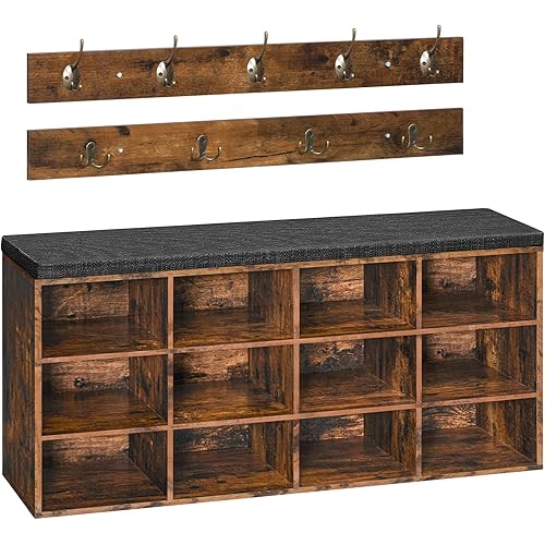 HOOBRO Shoe Storage Bench with Cushion, 39.4" L Entryway Bench with 12 Cubbies, Entryway Hall Tree with Storage, Shoe Cabinet with Coat Rack for Bedroom, Hallway, Holds up to 330 lb, BF112HX01G1
