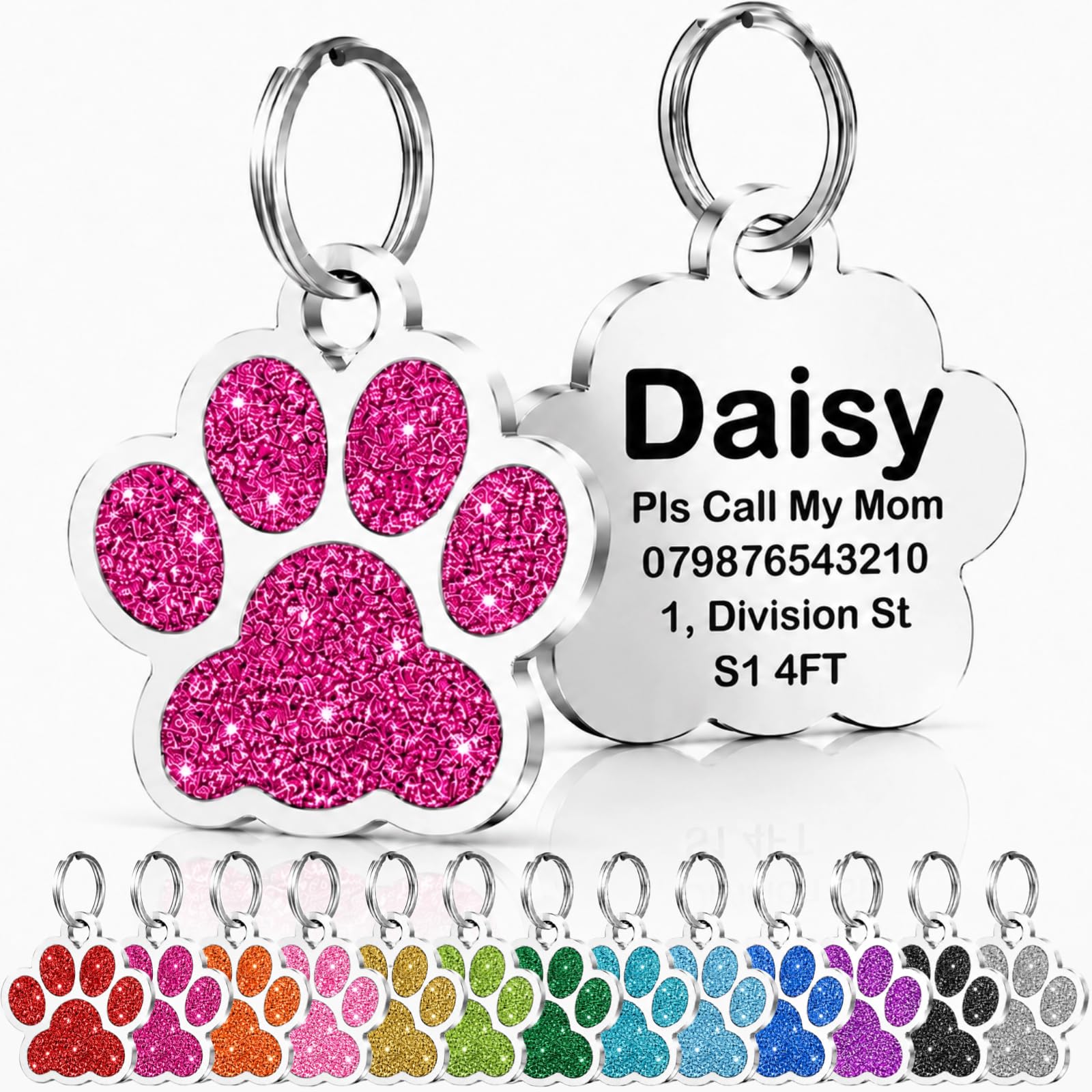 Personalised Cat Tags, Dog Tags for Pets UK Prime, Deep Engraved Pet ID Tags for Dogs & Cats, Glitter Paw Print Stainless Steel Cat Name Tag, Doggy Cat Kitten Kitty Puppy Tag (Rose Paw, L)