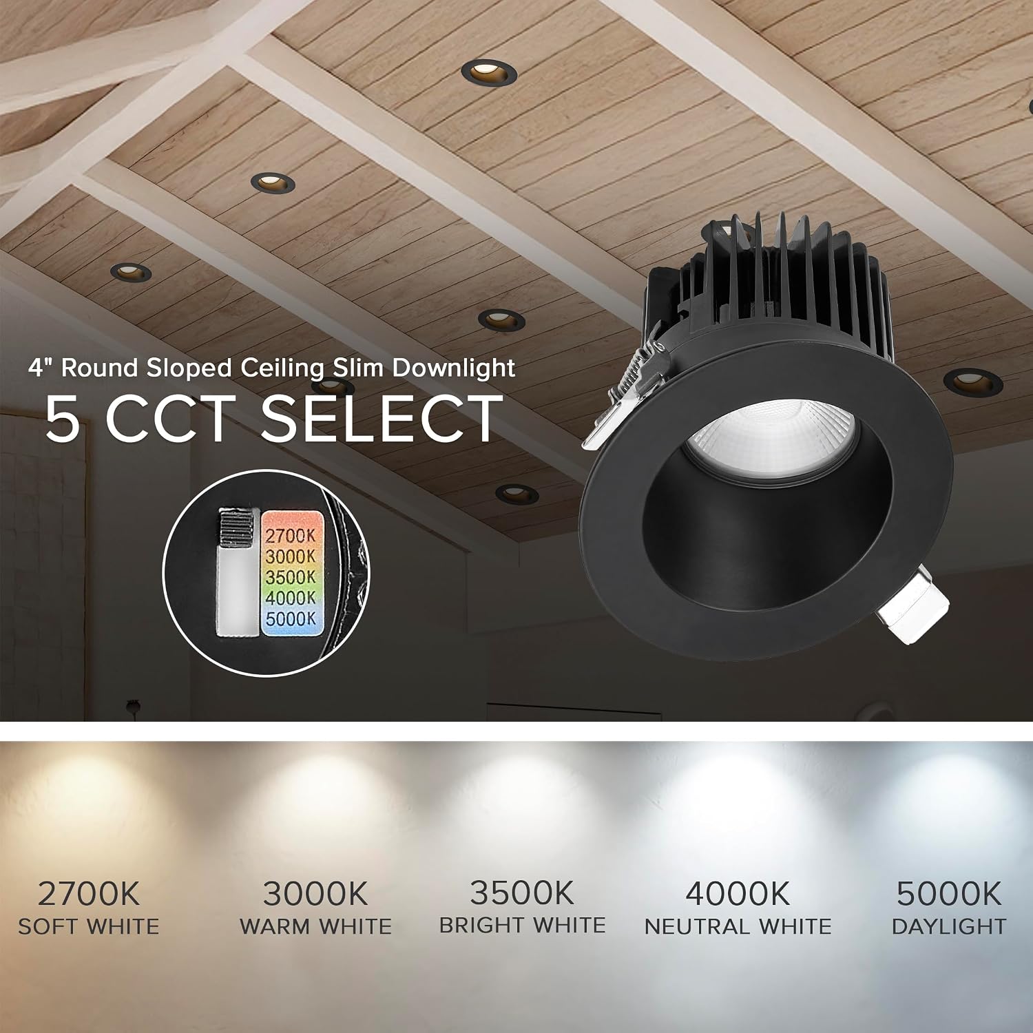 Maxxima 4" Canless Sloped Recessed Anti-Glare LED Downlight, For Sloped Ceilings, 900 Lumens, IC Rated, 5 Color Temperature Selectable 2700K/3000K/3500K/4000K/5000K, Dimmable, Round Black Trim 90 CRI
