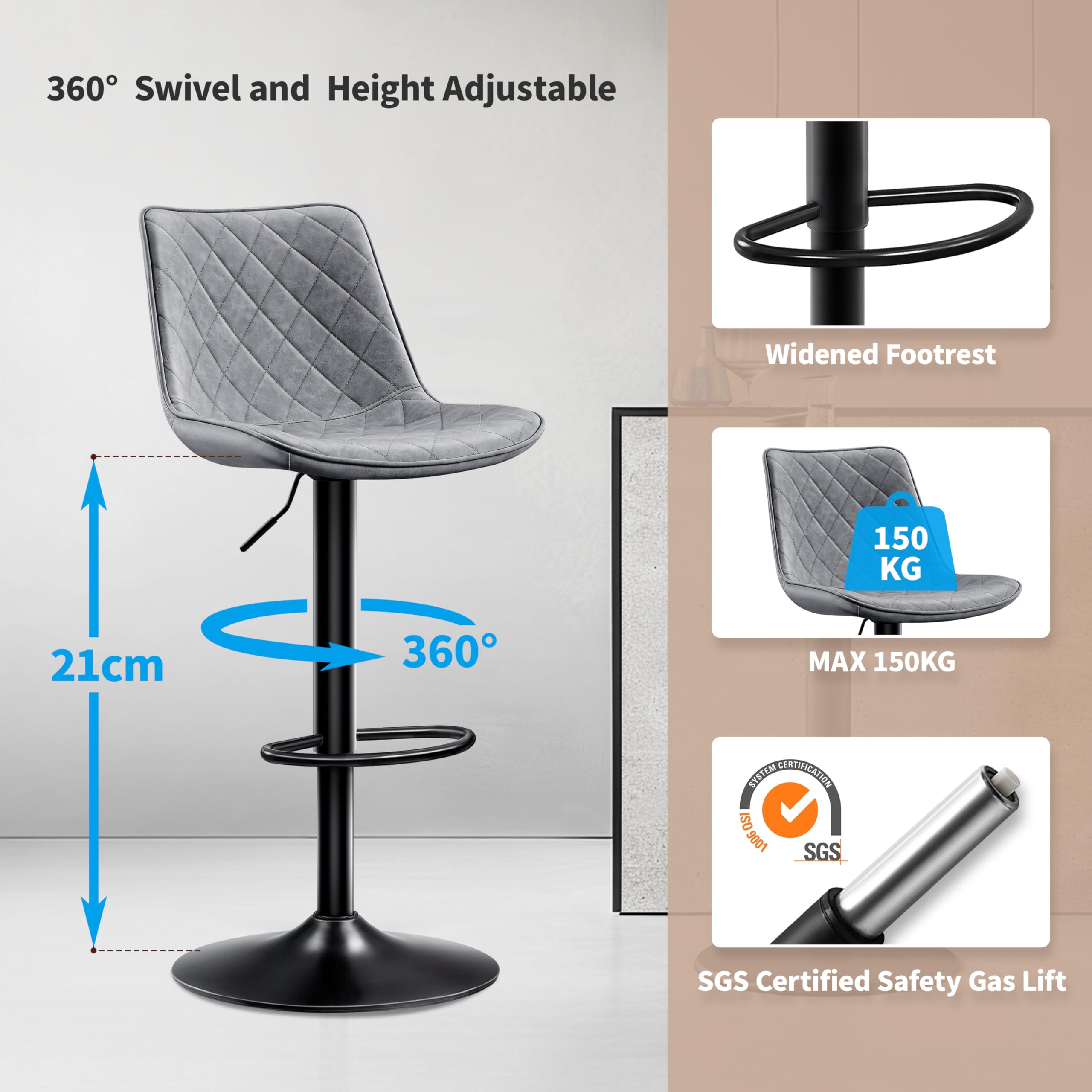 STOOLINK Lot de 2 Chaise Bar, Tabourets de Bar en Cuir Microfibre, Siège Bar avec Repose-Pieds, Tabouret Bar Réglable en Hauteur, Tabouret Comptoir Convient pour Bar, Cuisine-Gris
