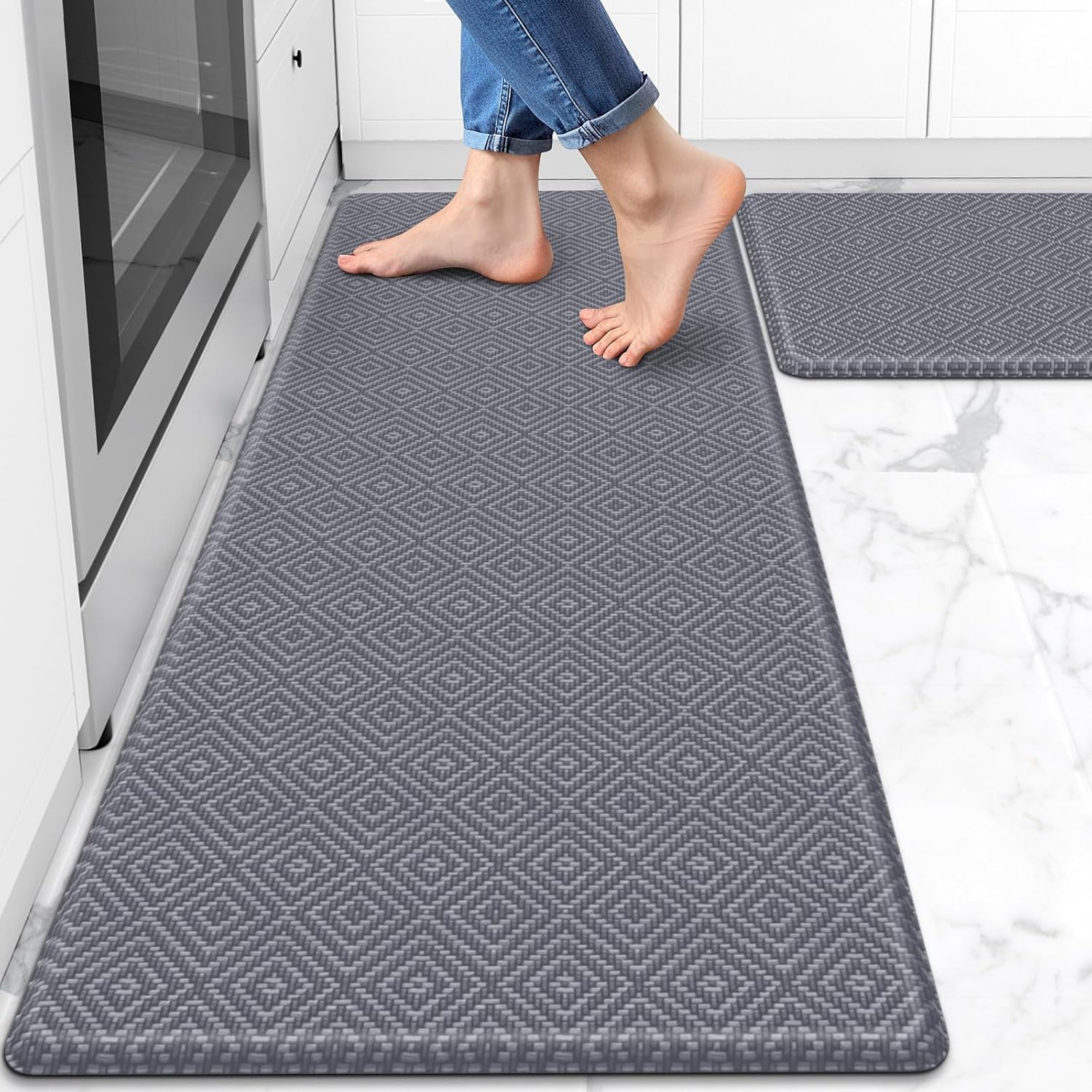 Mattitude Kitchen Mat 2PCS Kitchen Rugs Cushioned Anti-Fatigue Rug Waterproof Standing Desk Mat Kitchen Mats for Floor Kitchen Rug Set for Kitchen, Sink, Office 17.3"×30"+17.3"×47" Light Grey