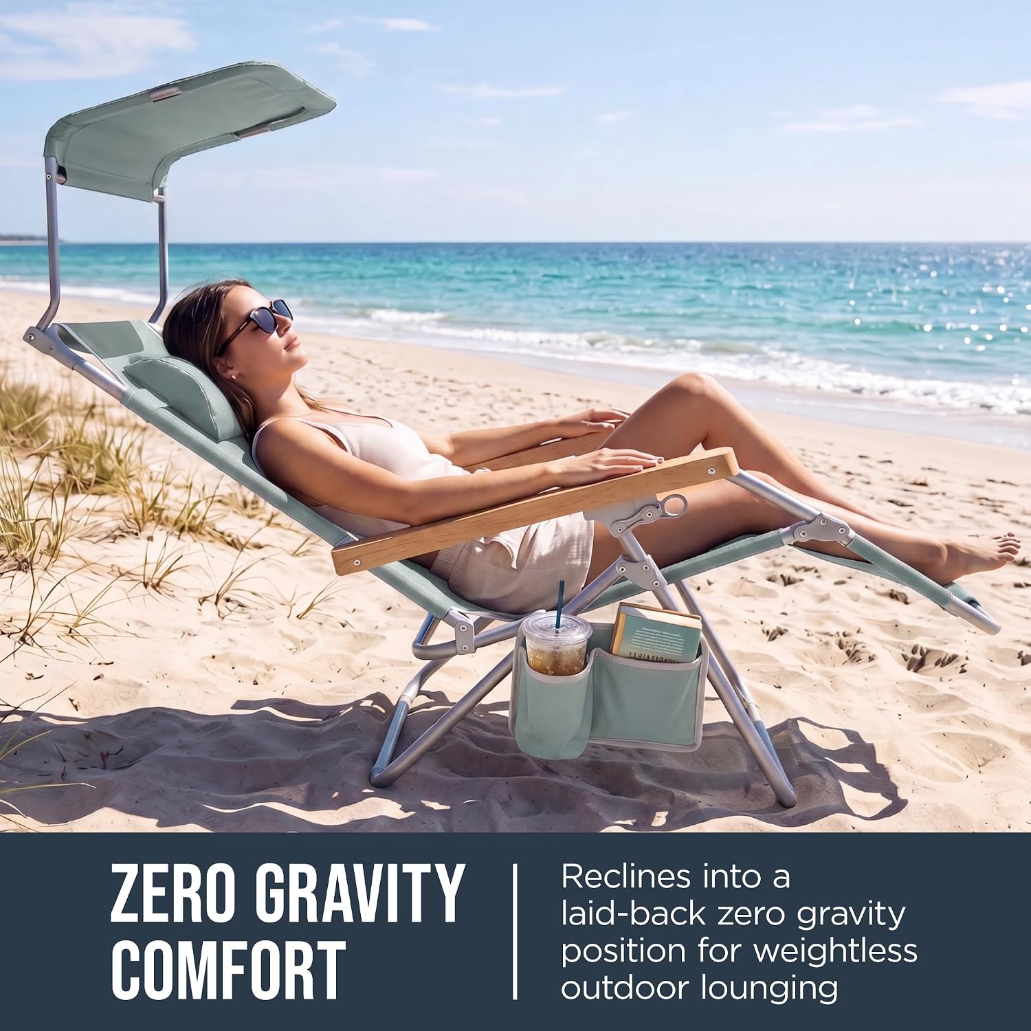 Best Choice Products Beach Chair with Adjustable Canopy, Folding Zero Gravity Reclining Camp Lounge Chair with Backpack Straps & Side Pocket, Aluminum Frame Supports 350 lbs - Seafoam image 4