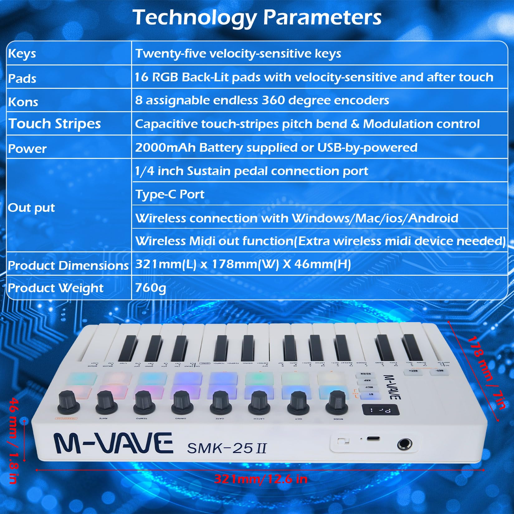 M-VAVE 25 Tasten 16 Backlit Drum Pads MIDI Keyboard - Professioneller Beat Maker und Keytar für Keyboard Musikproduktion Builtin Battery Wireless Connect Weiß