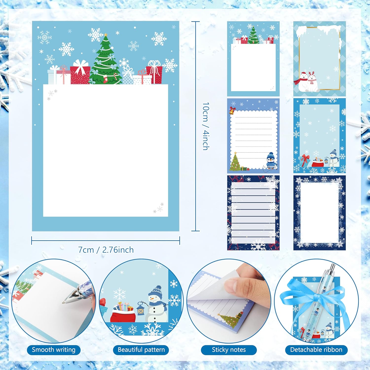 THAWAY 73 Pcs Christmas Pens and Notepads Set, 36 Ballpoint Pens and 36 Sticky Notes with Ribbon, Blue Snowman Snowflake Theme Xmas Bulk Gifts for Winter Party Favors and School Office