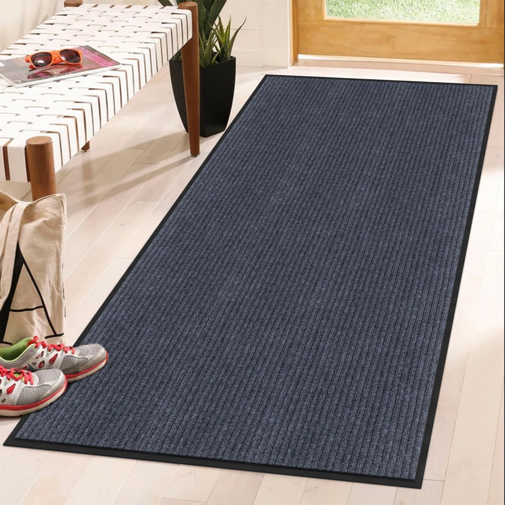 Neiza Front Door Mat Indoor Outdoor Entrance 72"x36", Heavy Duty Ribbed Non Slip Mat, Absorbent Dirt Moisture Trapper Waterproof Rubber Backing Doormats, Low Profile Washable Front Doormat, Grey