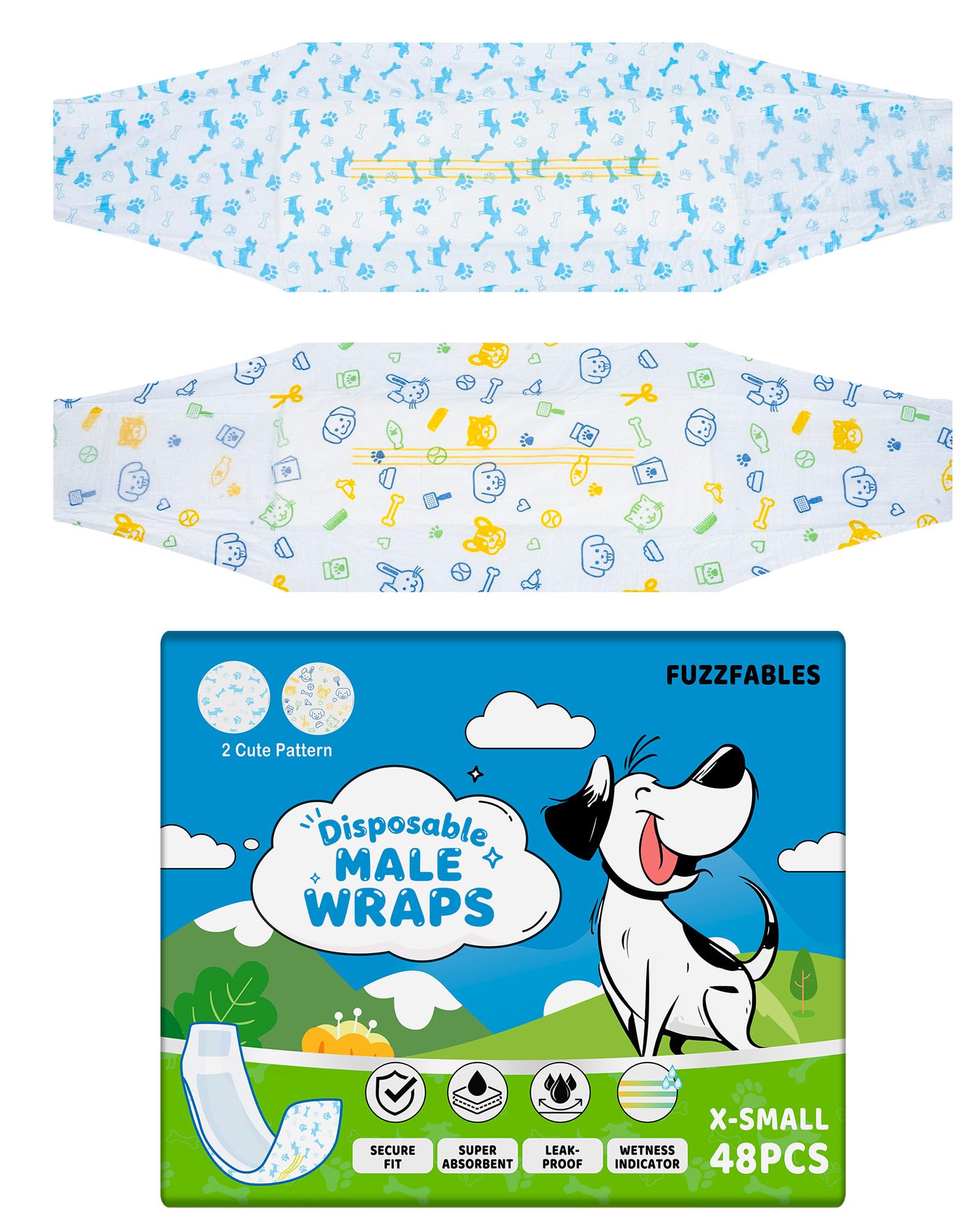 FuzzFables Disposable Male Dog Nappies, Belly Bands and Wraps, 48 Count, Super Absorbent, Leak-Proof and Adjustable Fit, Wetness Indicator, for Incontinence and Excitable Urination XS