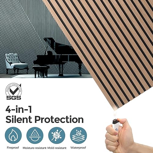 Miniatura 4 de AKUMAX Paneles de espuma a prueba de sonido para paredes, paneles acústicos de listones de pared de madera para pared y techo, 2 paneles solares