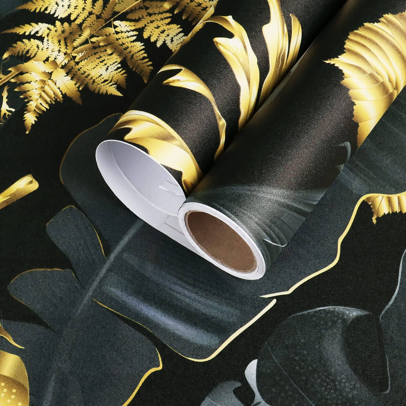 Carta da Parati Jungle Moderna Carta Adesiva per Mobili Decorazioni Parete Carta da Parati Adesiva Foglie Nere/Dorate per Camera Letto Cucina Rotolo Adesivi Decorativi per Mobili 60 X 1000cm