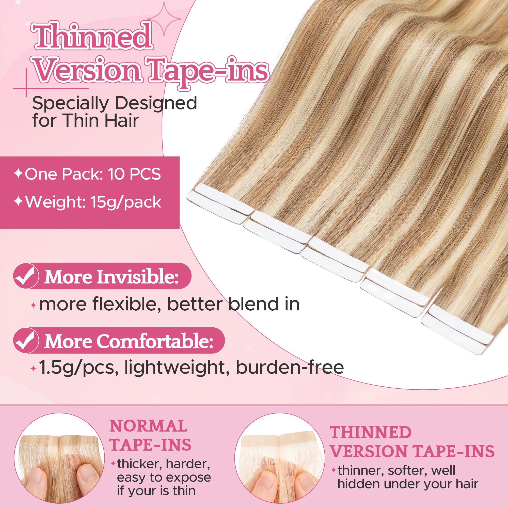 SEGO Pro Tape in Hair Extensions Real Human Hair 14 Inch 20 Pcs 30g Invisible Seamless Straight Tape Extensions for Women #12P613 Golden Brown with Bleach Blonde Highlights - Image 3