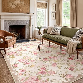 Lahome Floral Washable Rugs 5x7,Rugs for Living Room Pink Area Rug,Vintage Rugs for Bedroom Girls Non Slip Low Pile Ultra-Thin Large Carpet for Office Dining Room,Kids Playroom Nina 5X7,Beige
