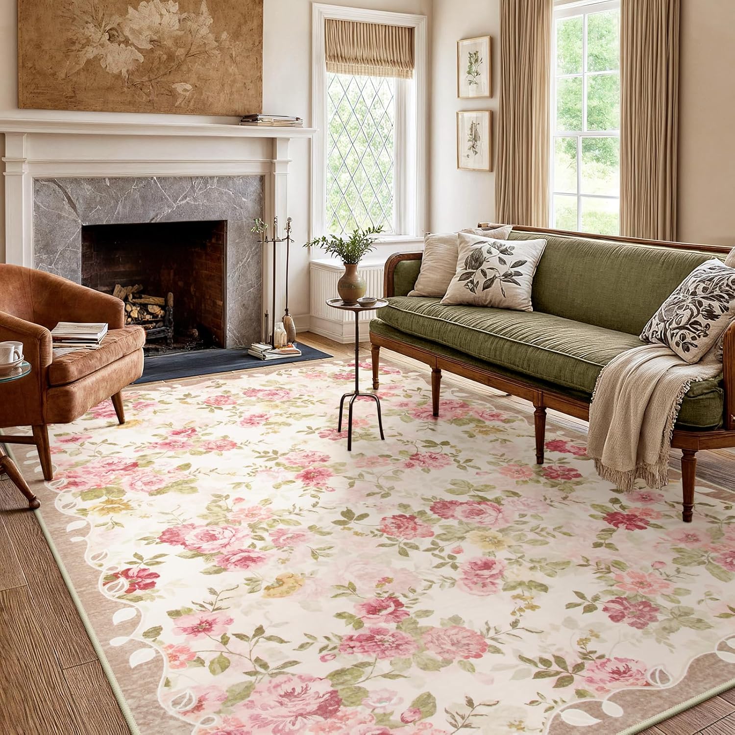 Lahome Floral Washable Rugs 5x7 Rugs for Living Room Boho Area Rug Vintage Rugs for Bedroom Girls Non