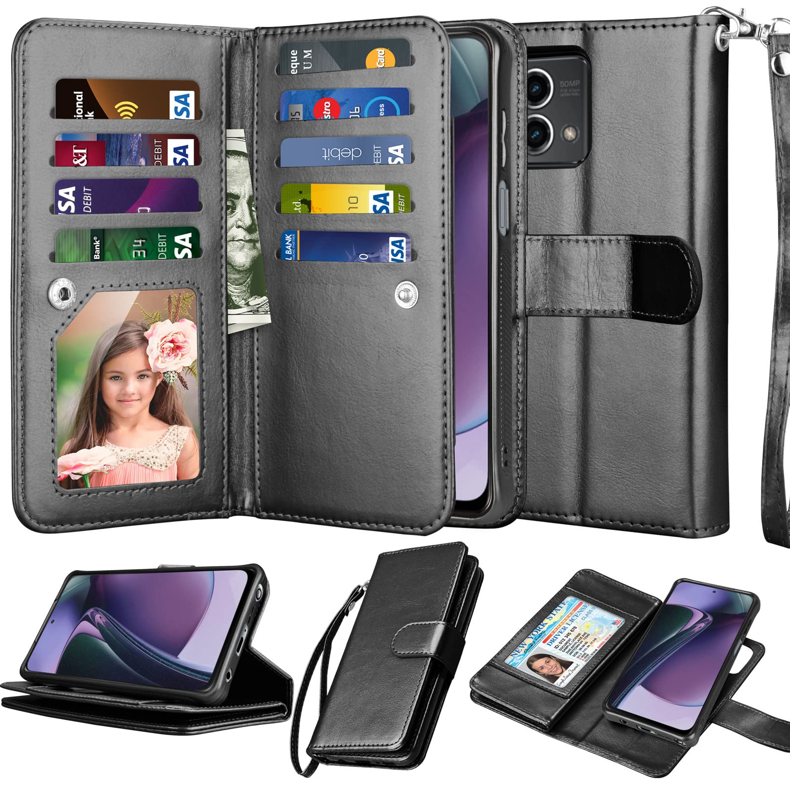 NJJEX Wallet Case for Motorola Moto G Stylus 2024 5G, for Moto G Stylus 2024 5G Case, [9 Card Slots] PU Leather Credit Holder Folio Flip [Detachable] Kickstand Magnetic Phone Cover & Lanyard [Black]